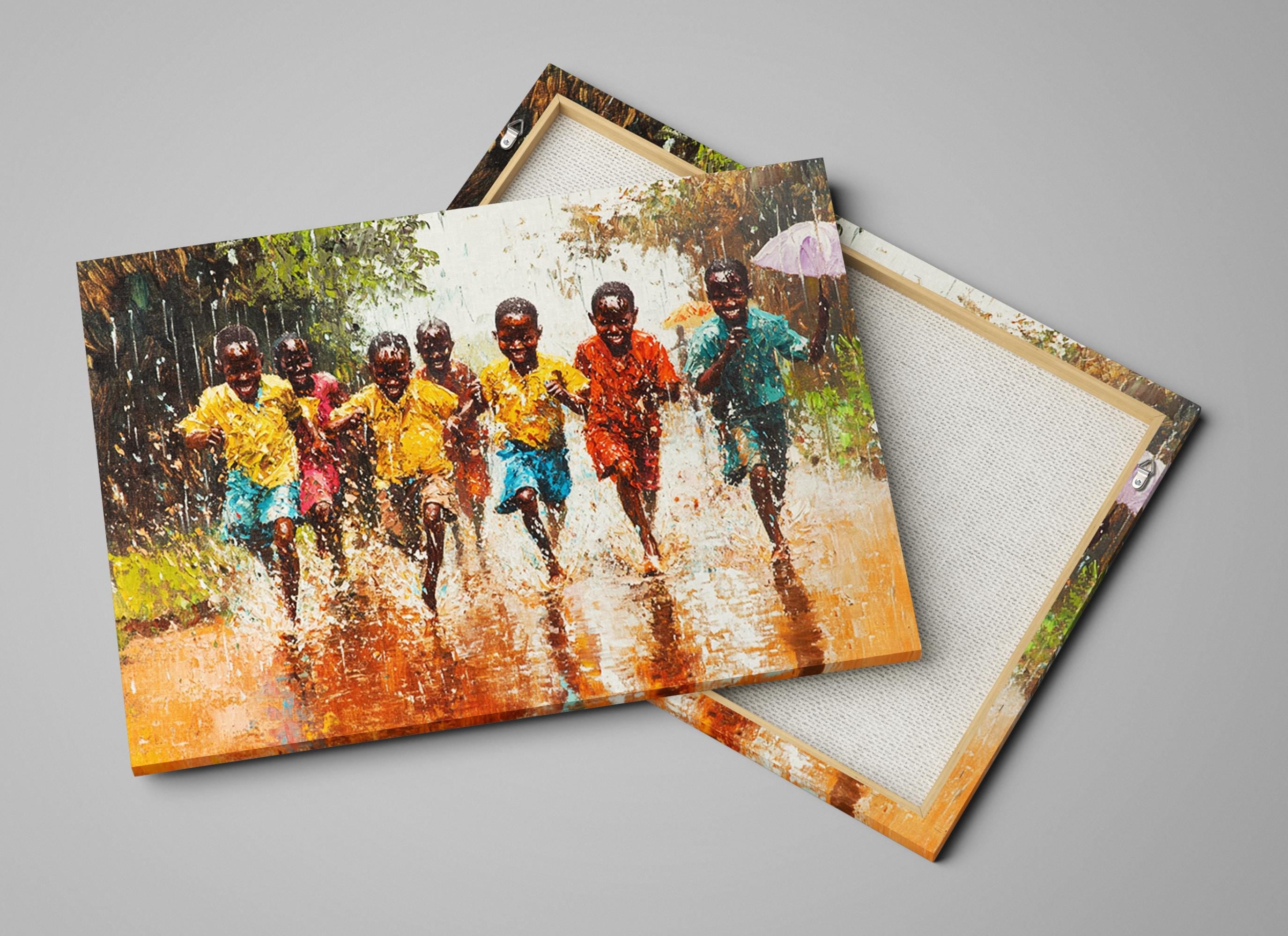 three pictures of children running in the rain
