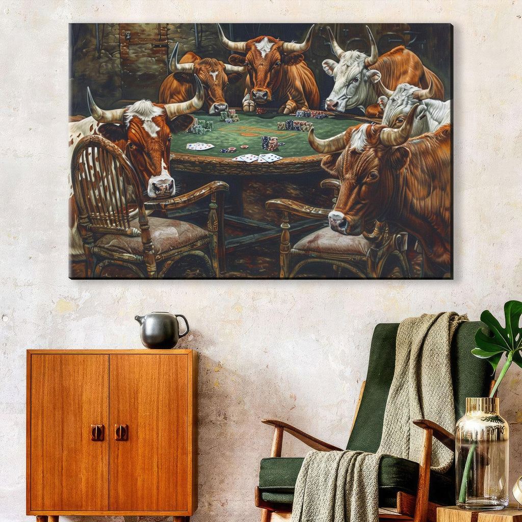 a group of cows gathered around a poker table, with one cow holding a deck of cards and the others surrounding the table.