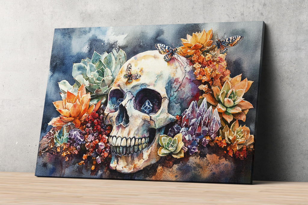 The image is a vibrant and colorful painting depicting a skull surrounded by an array of flowers and butterflies.