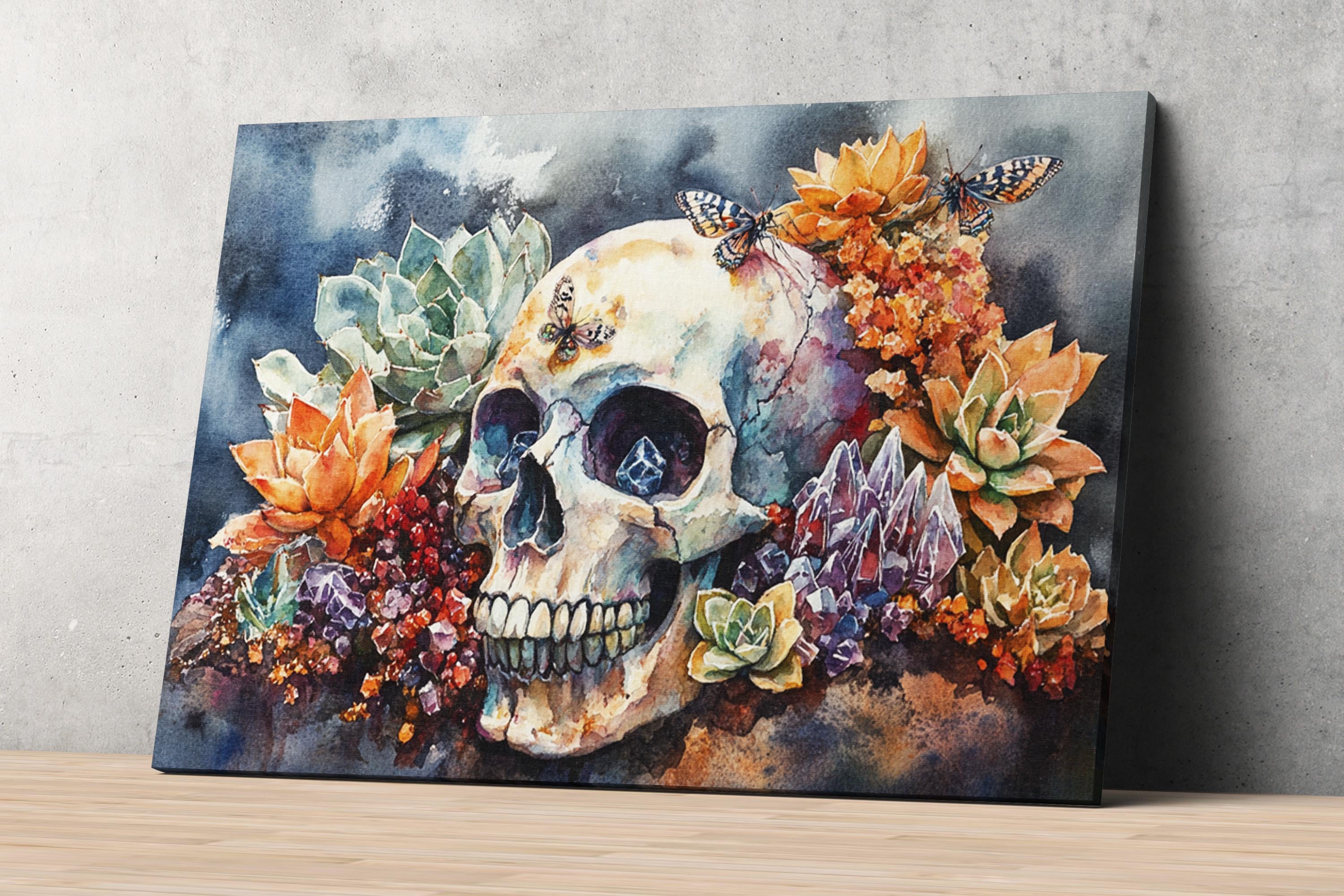 The image is a vibrant and colorful painting depicting a skull surrounded by an array of flowers and butterflies.