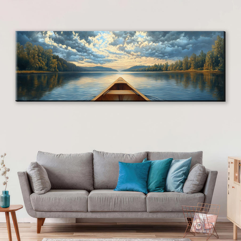 a painting of a boat on a lake