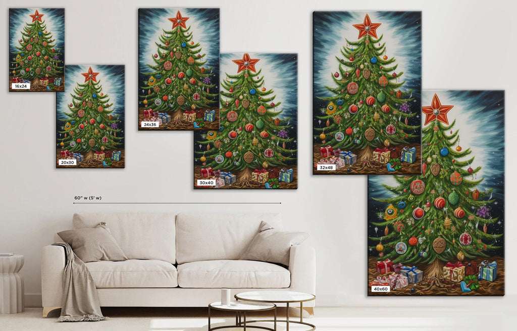 Christmas Tree Illustration - Whimsical Holiday Art on Gallery Wrapped Canvas, Extra Large