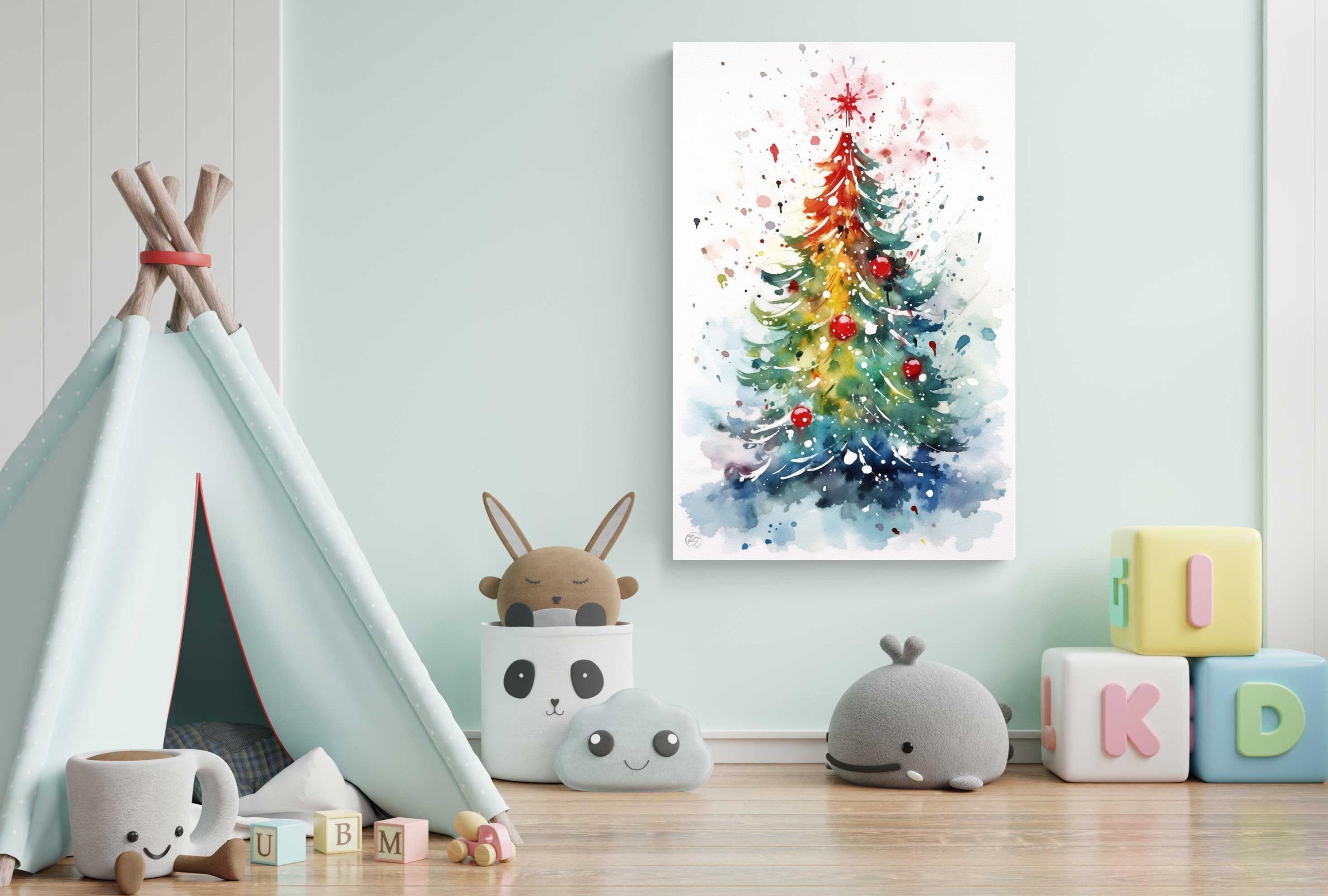 Watercolor Christmas Tree - Festive Holiday Wall Art, Giclee Print on Canvas, Artist Paper, Watercolor Paper, Available in Extra Large Sizes