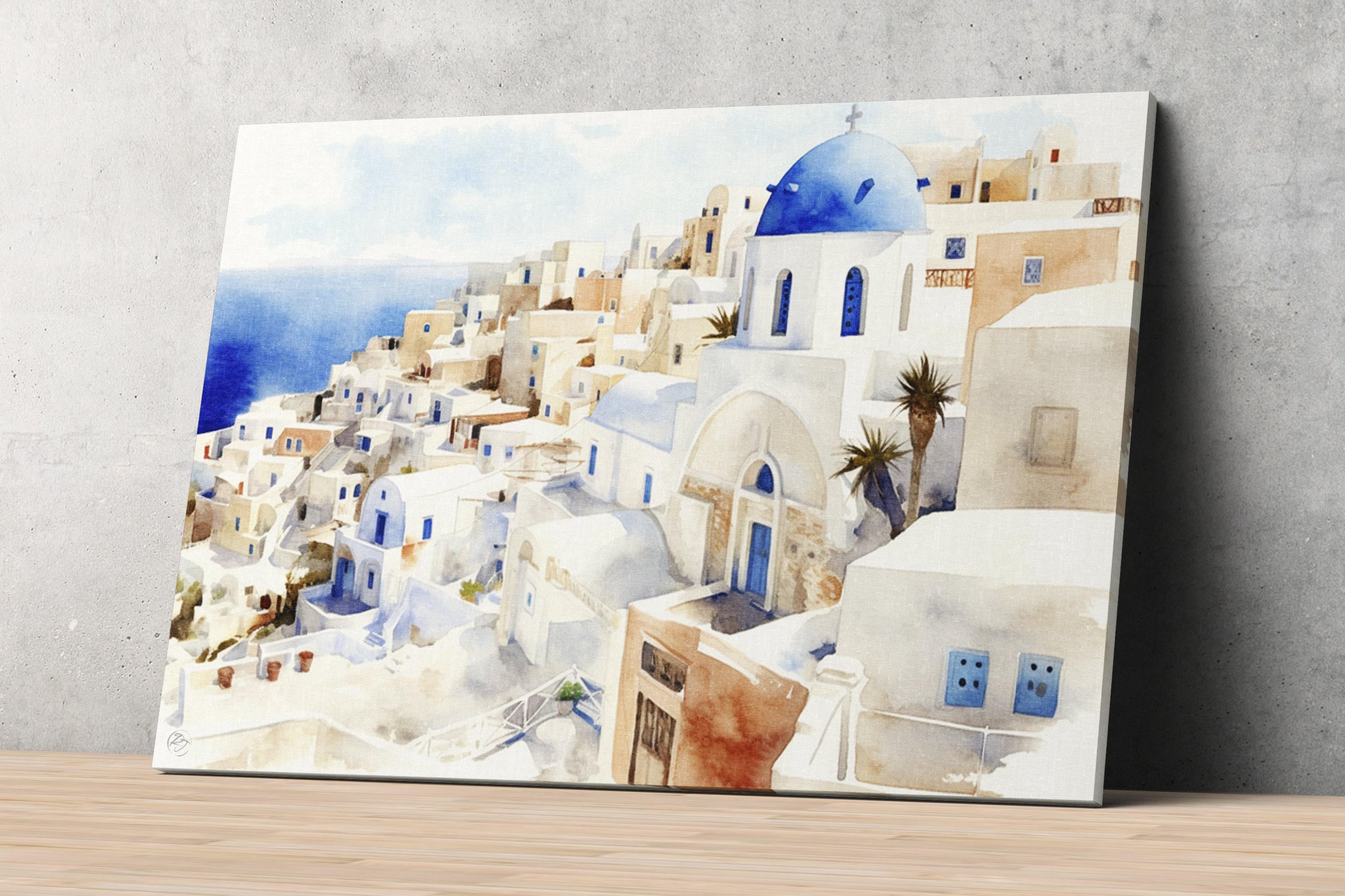 Greek Island Escape: Santorini Watercolor Wall Decor, Giclee Print on Canvas, Artist Paper, Watercolor Paper, Available in Extra Large Sizes