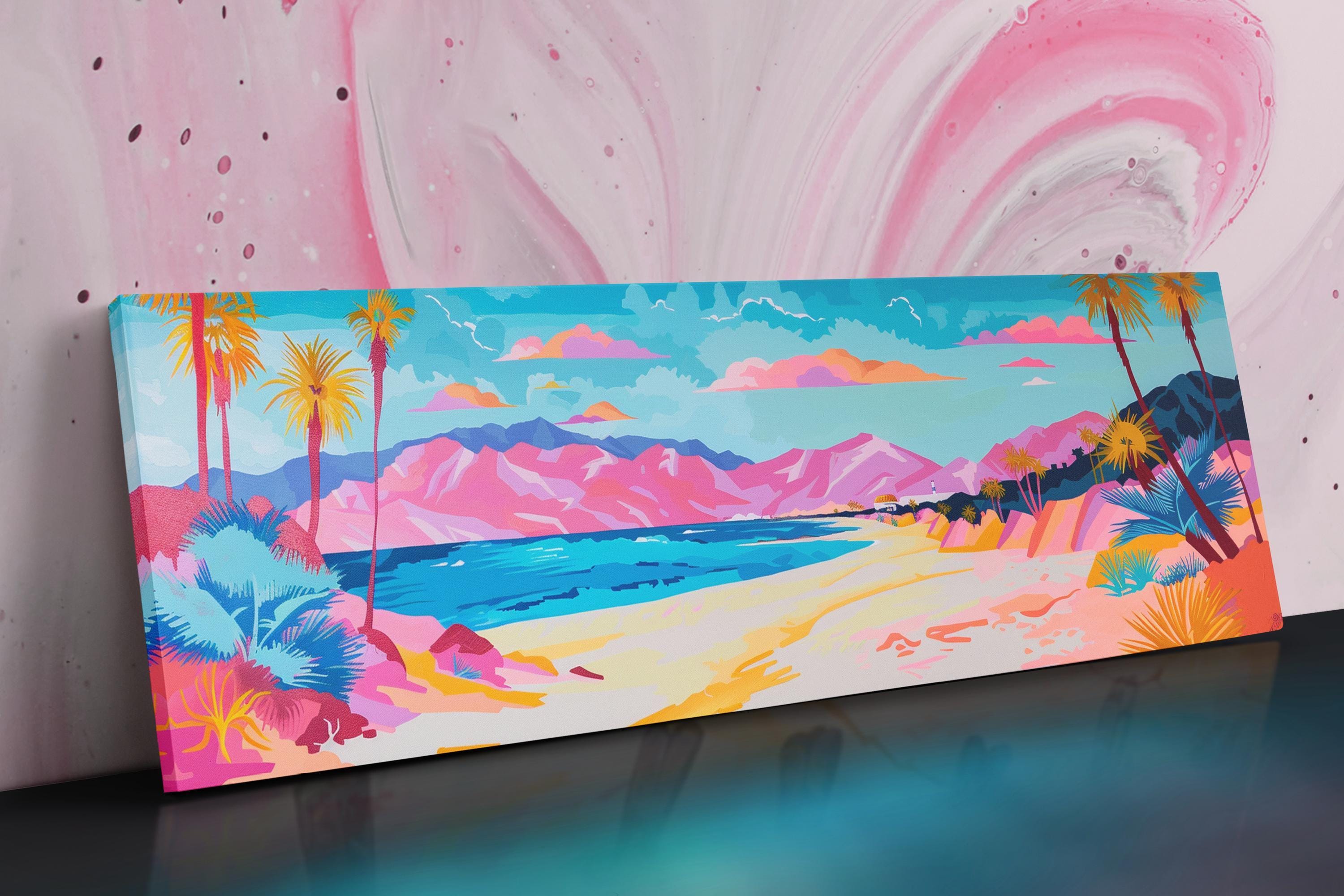Panoramic Beach Wall Art - Oversized Canvas Art, Pink Blue Pastel Coastal Decor