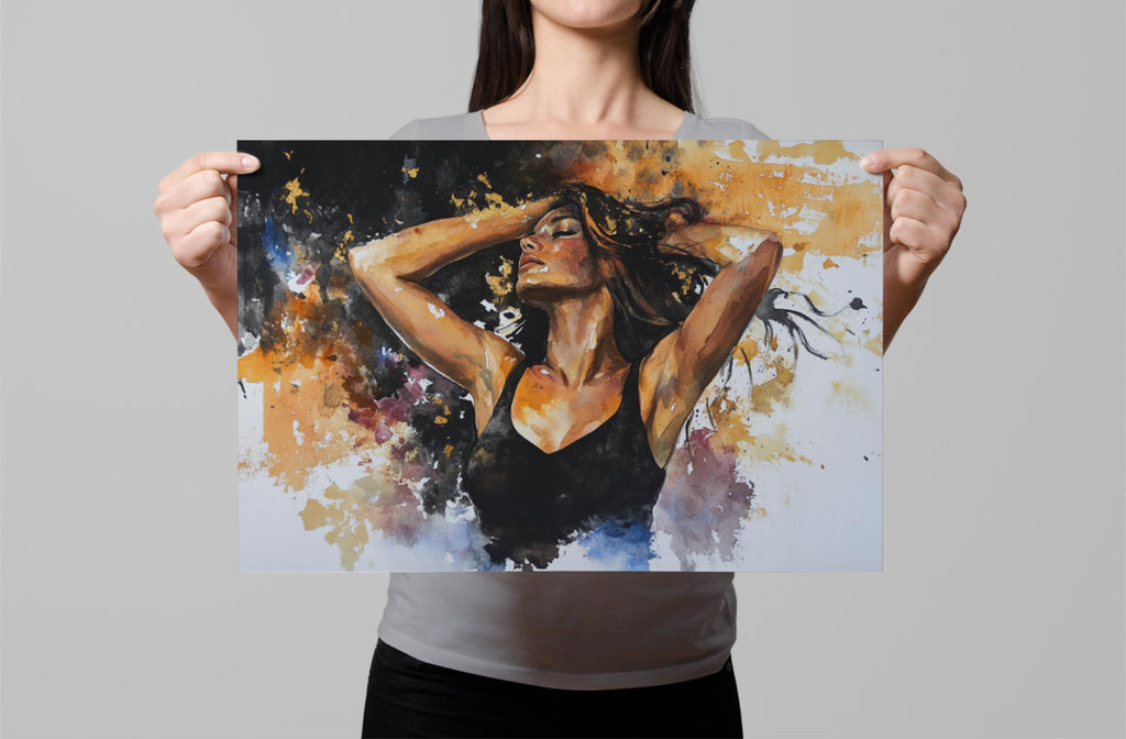 A woman holding a framed painting of a woman with her arms raised.