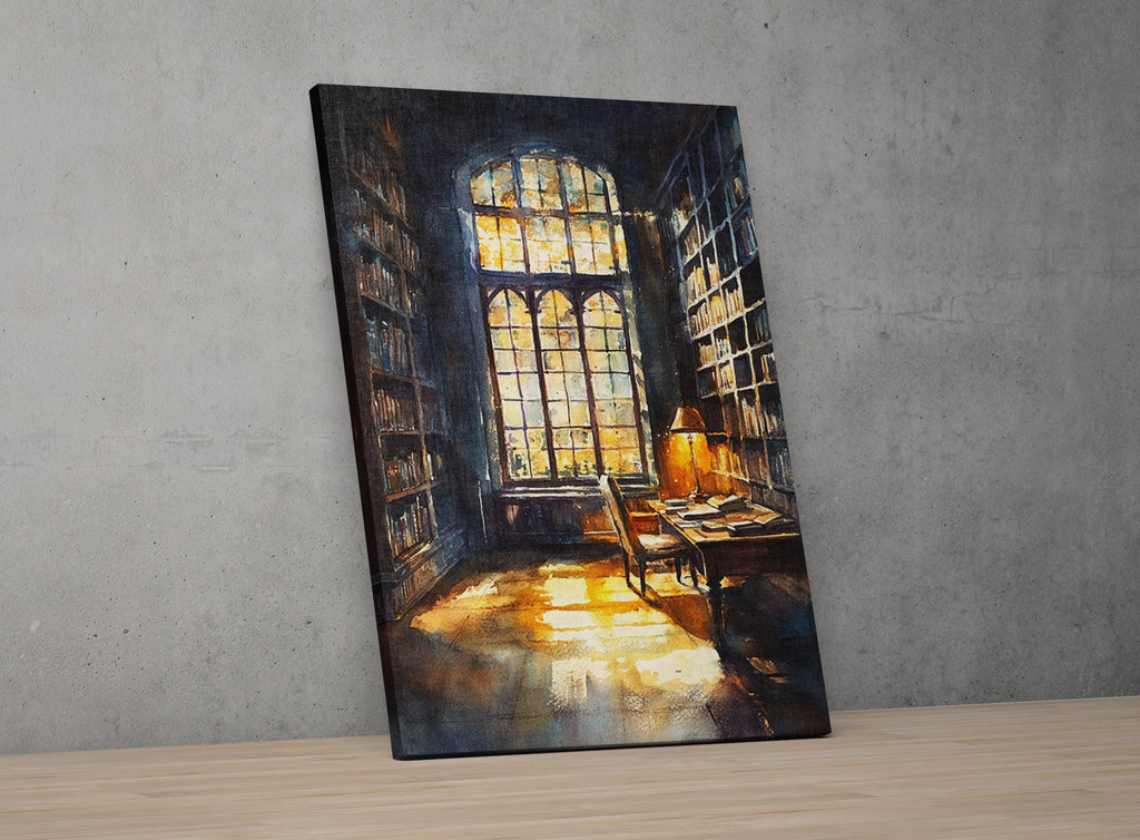 a serene and cozy library scene, with a large window allowing natural light to flood the room and illuminate the bookshelves filled with books.