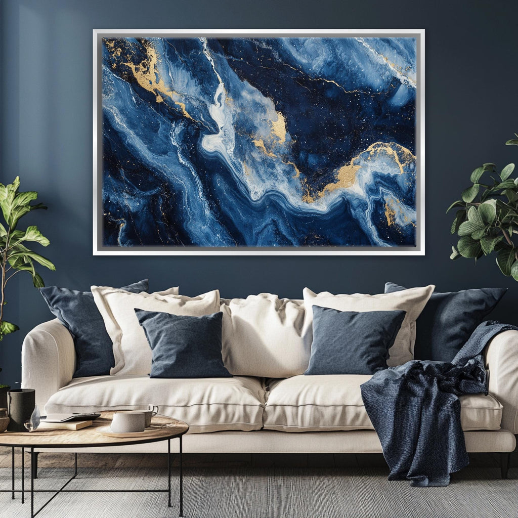 a living room with a couch and a painting on the wall