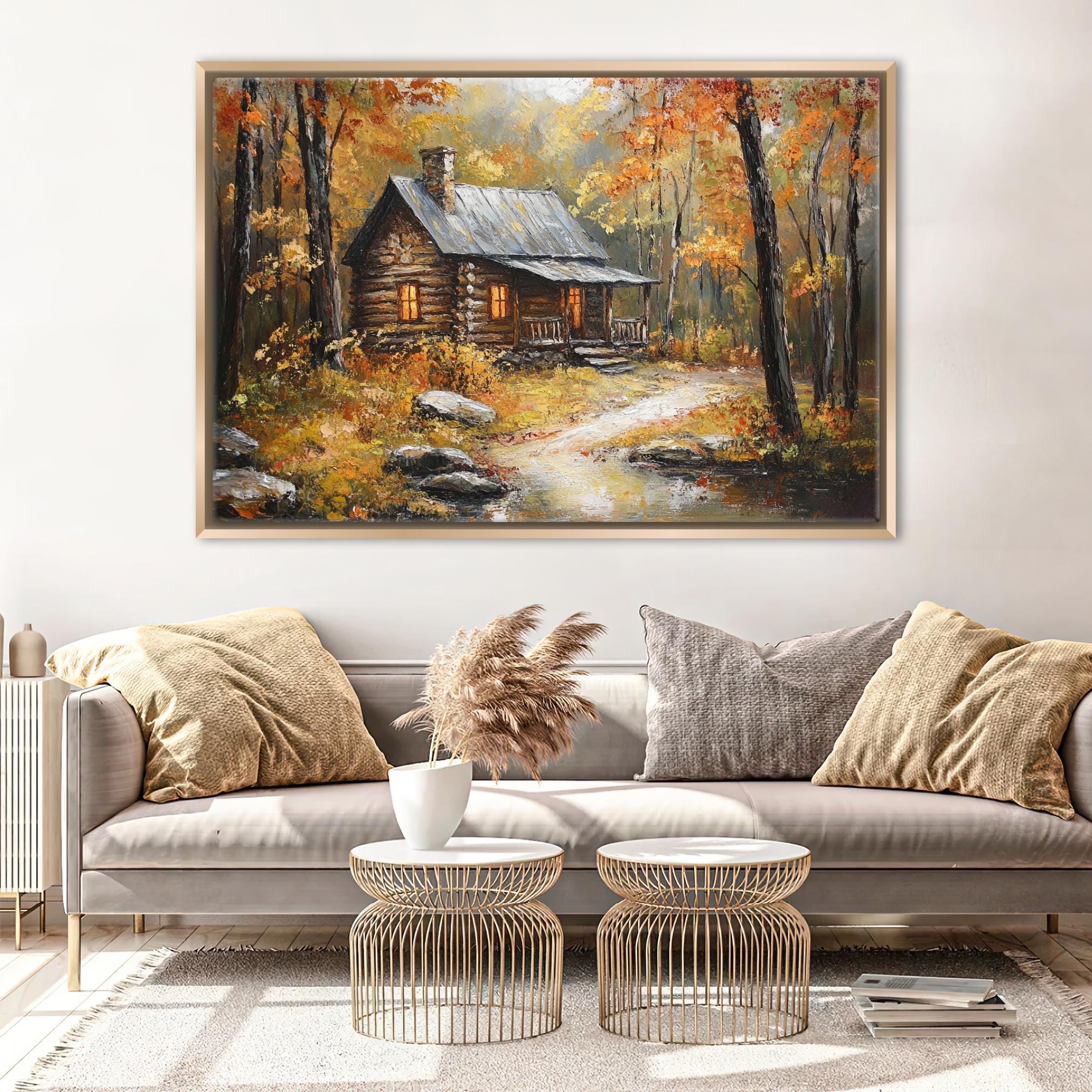 a cozy cabin nestled in a forest, surrounded by vibrant autumn foliage.