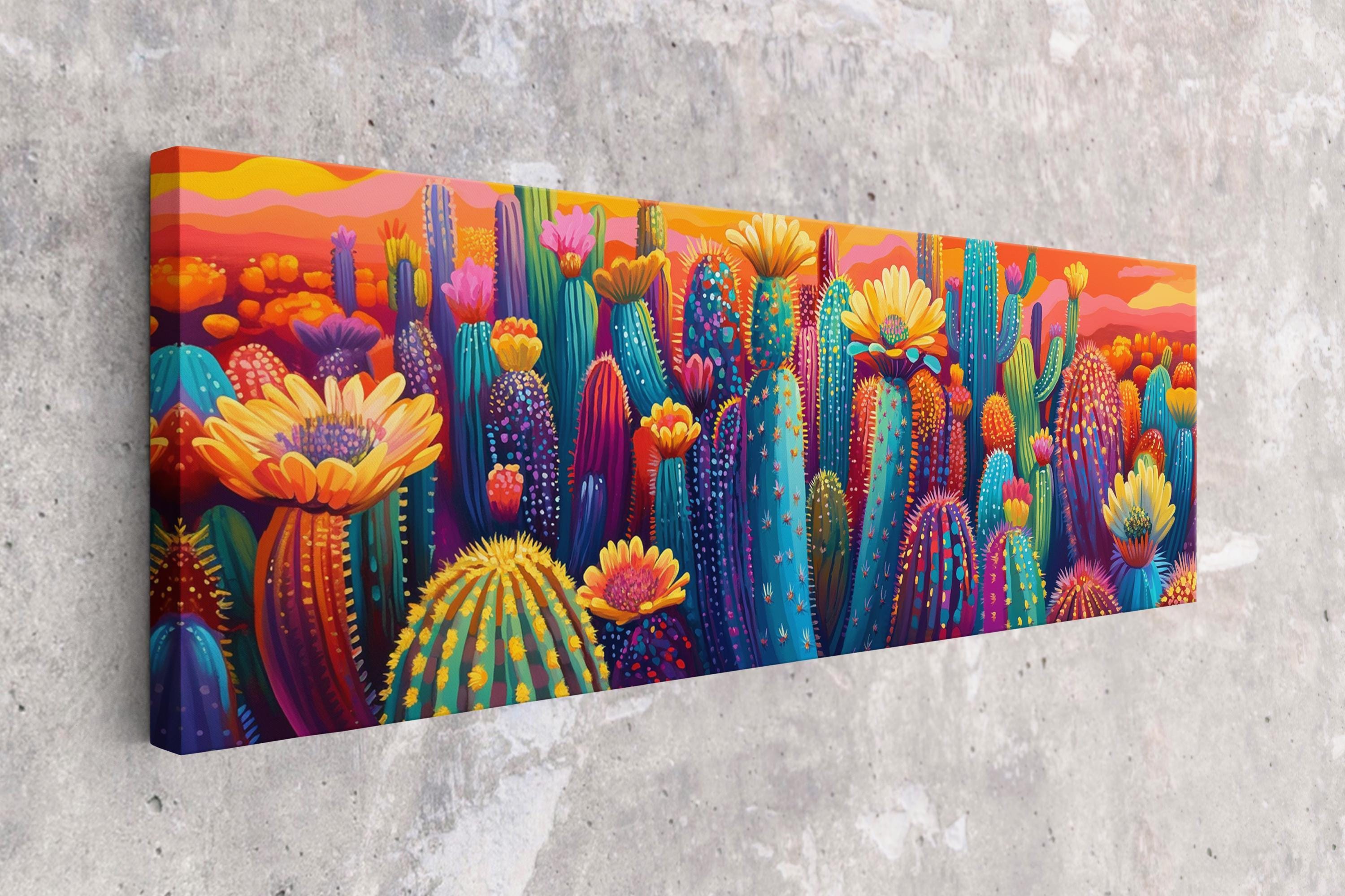 Desert Saguaro Canvas - Panoramic Wall Art | Oversized Gallery Wrap | Vibrant Cactus Bloom Painting