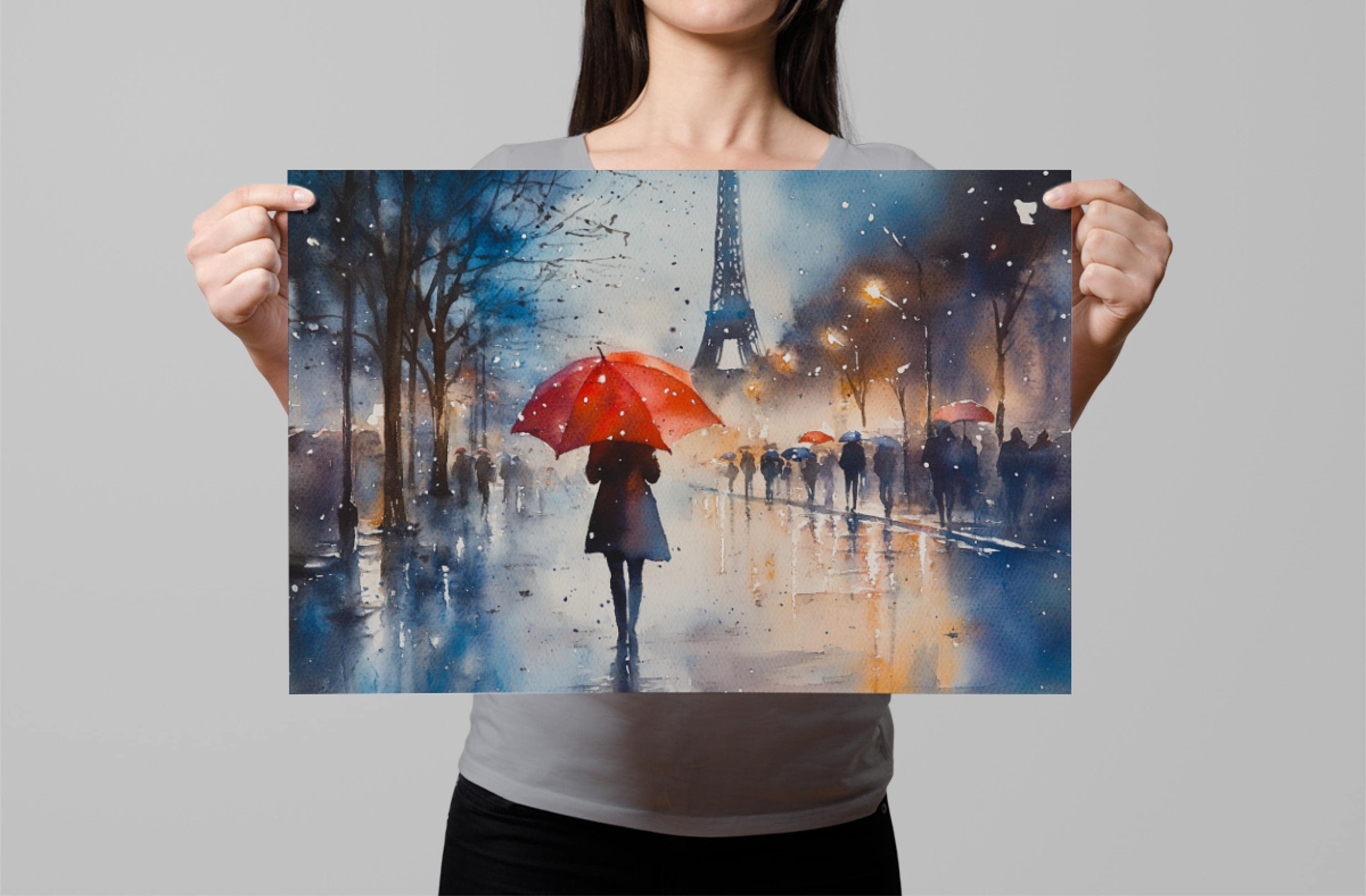 A woman holds up a framed painting depicting a rainy scene with a lone figure walking under a red umbrella, with the Eiffel Tower visible in the background.