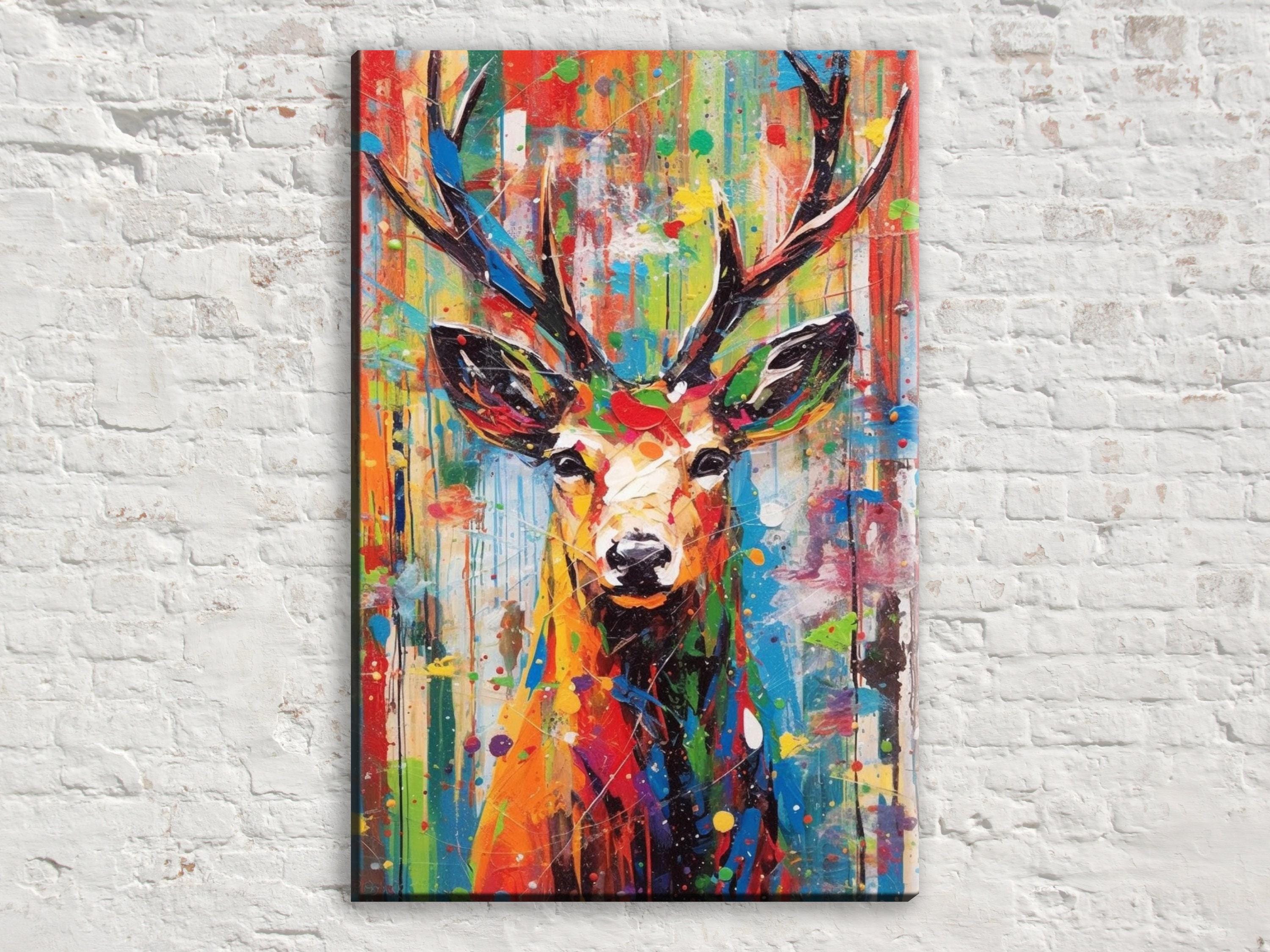 Christmas Reindeer Art - Colorful Pop Art Holiday Wall Decor | Extra Large Canvas Print