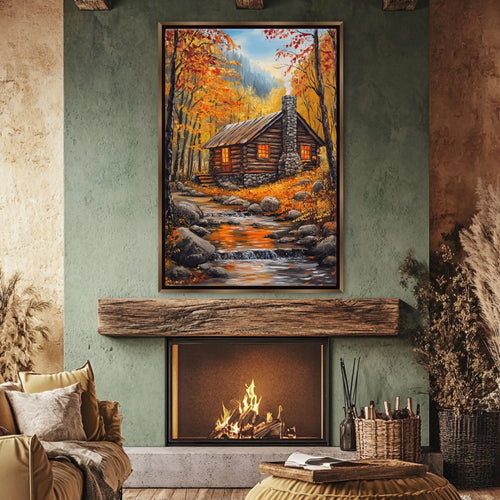 a cozy living room with a fireplace, a painting of a cabin in the woods, and a comfortable couch.