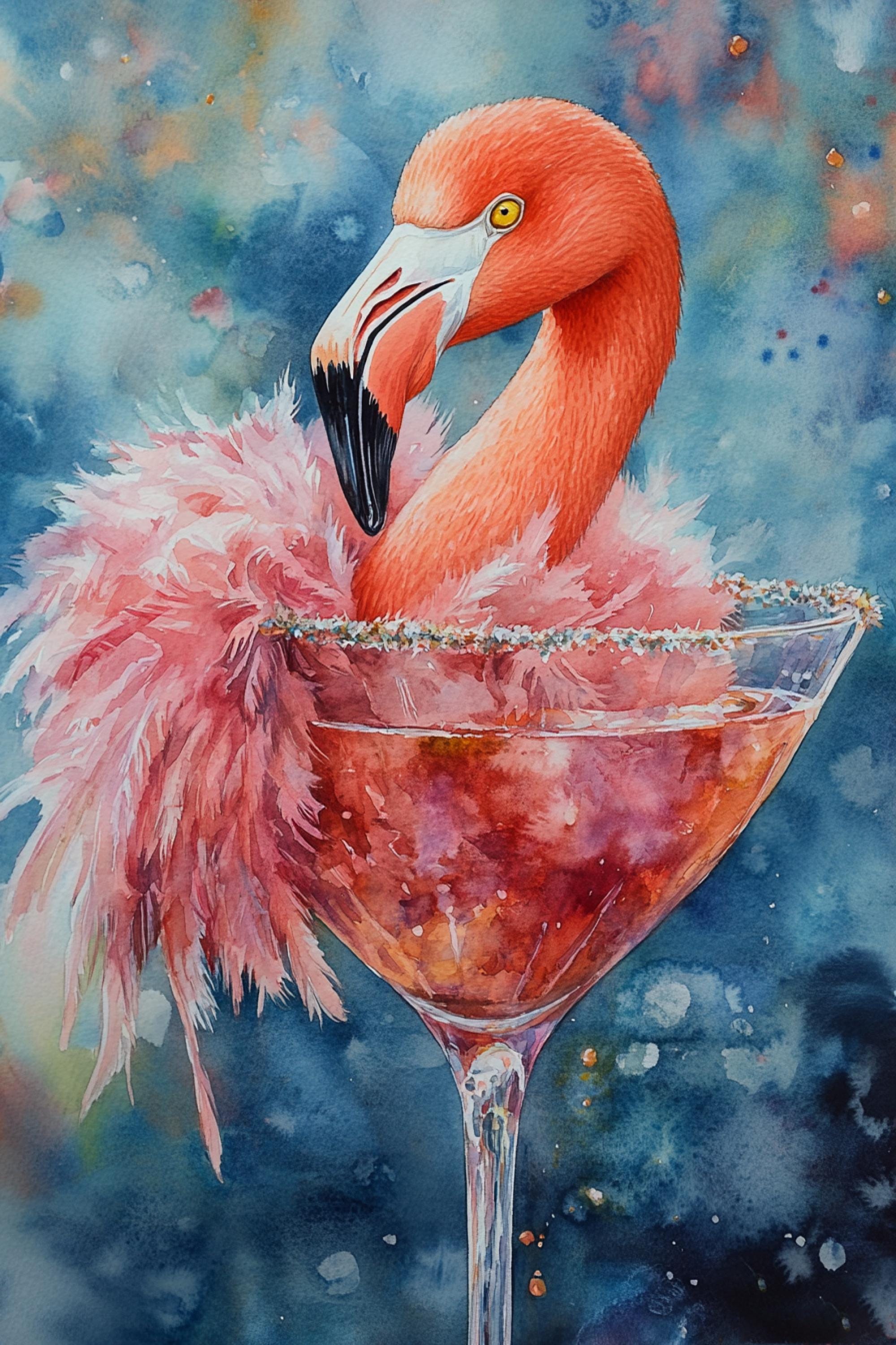 A vibrant flamingo stands in a martini glass filled with a red liquid, surrounded by a pink feather.