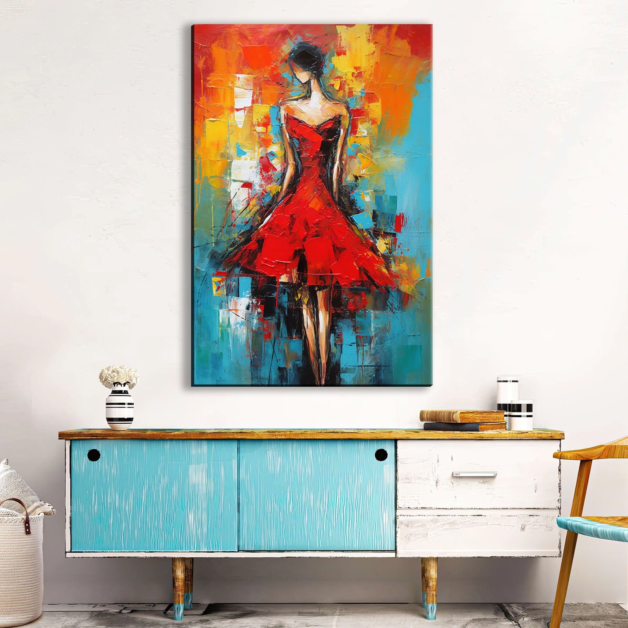 Red Dress Canvas Art – Abstract Woman Painting | High Quality Giclee Print