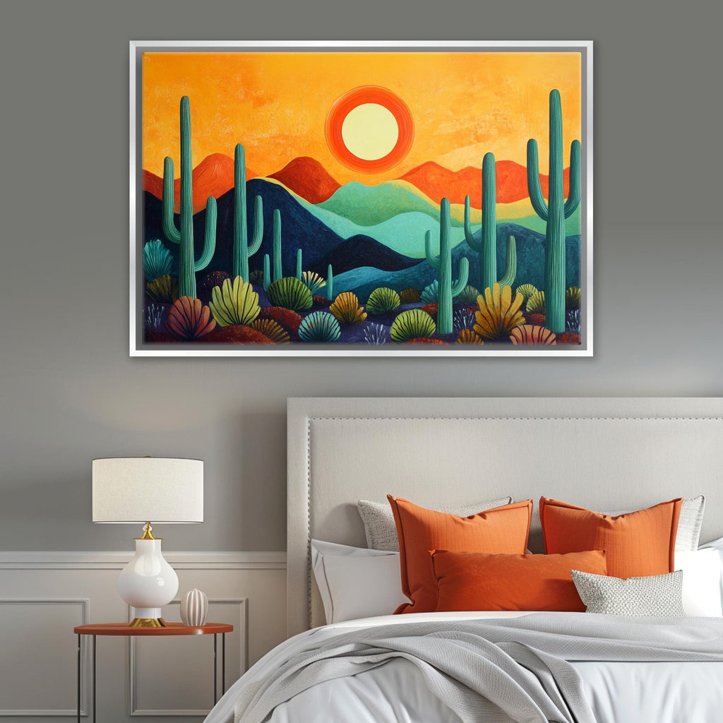 a bedroom with a painting on the wall above the bed