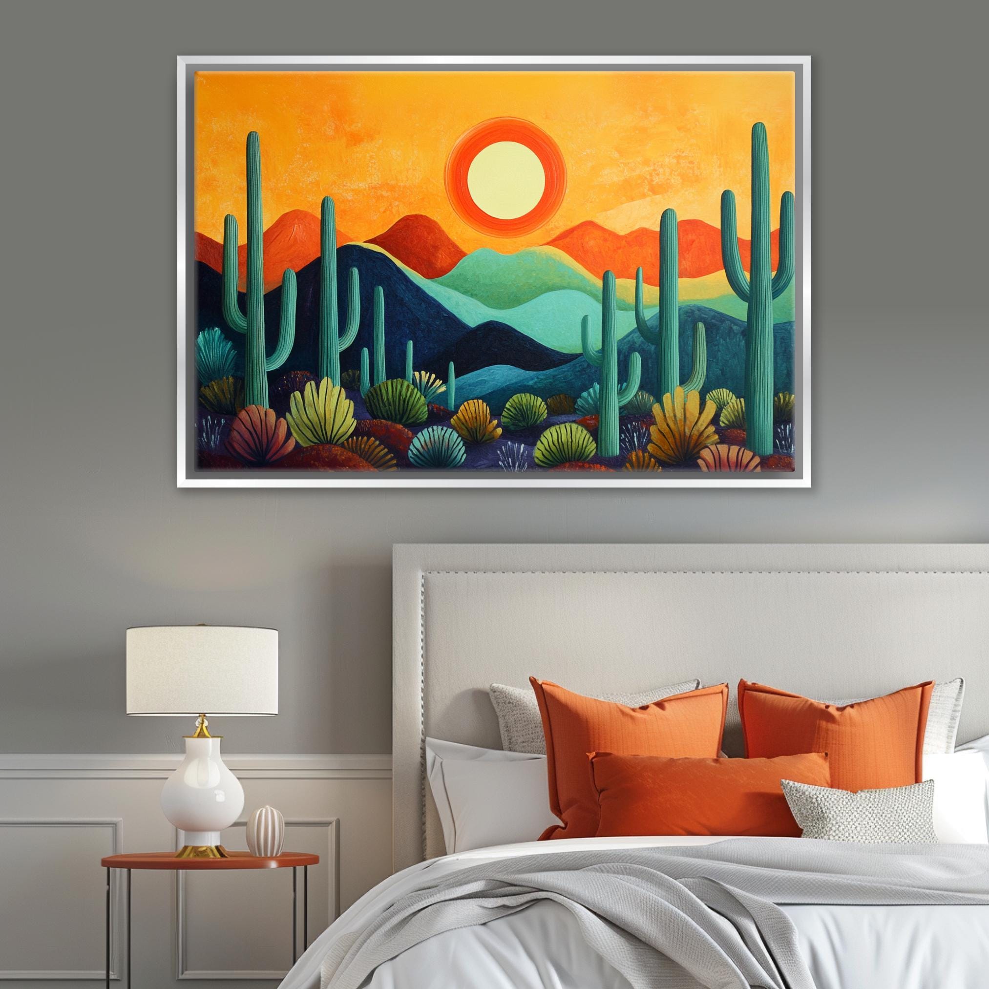 a bedroom with a painting on the wall above the bed