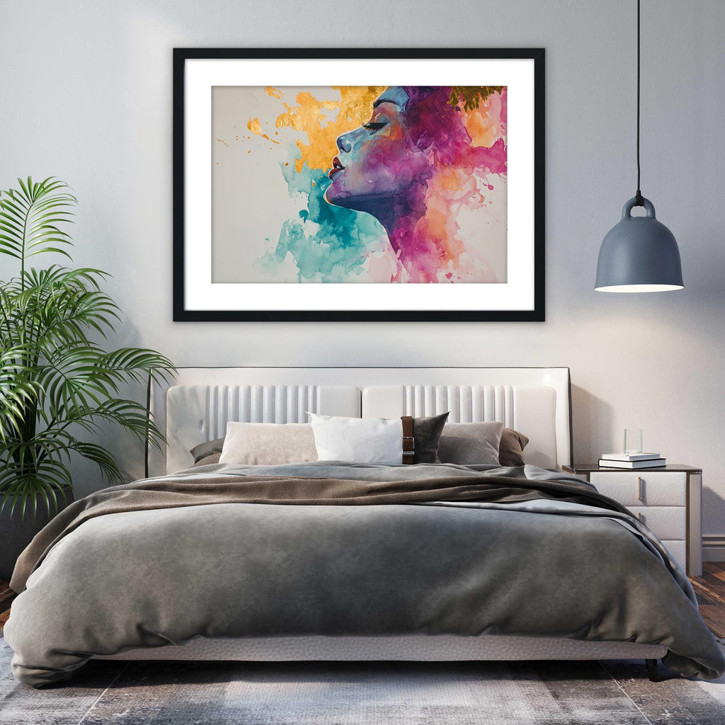 a modern bedroom with a large bed, a framed colorful painting of a woman's face hanging above it, and a potted plant to the left.