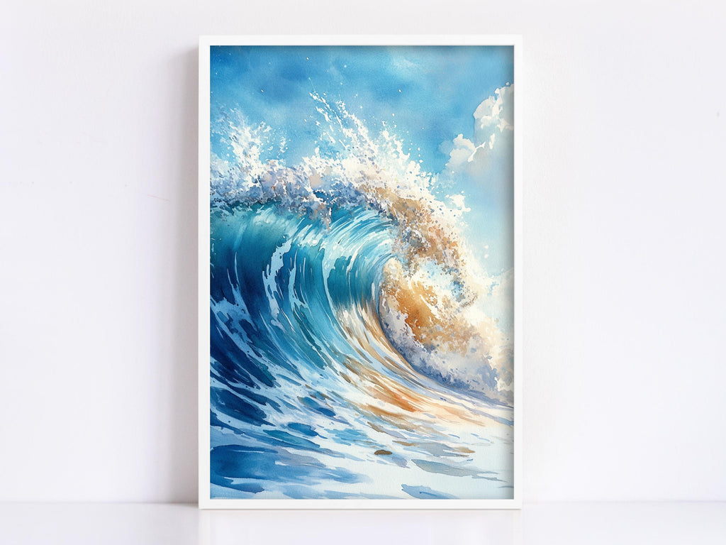 a large, powerful wave crashing against the shore, with the water in shades of blue and white and the sky above filled with clouds.