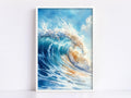 a large, powerful wave crashing against the shore, with the water in shades of blue and white and the sky above filled with clouds.