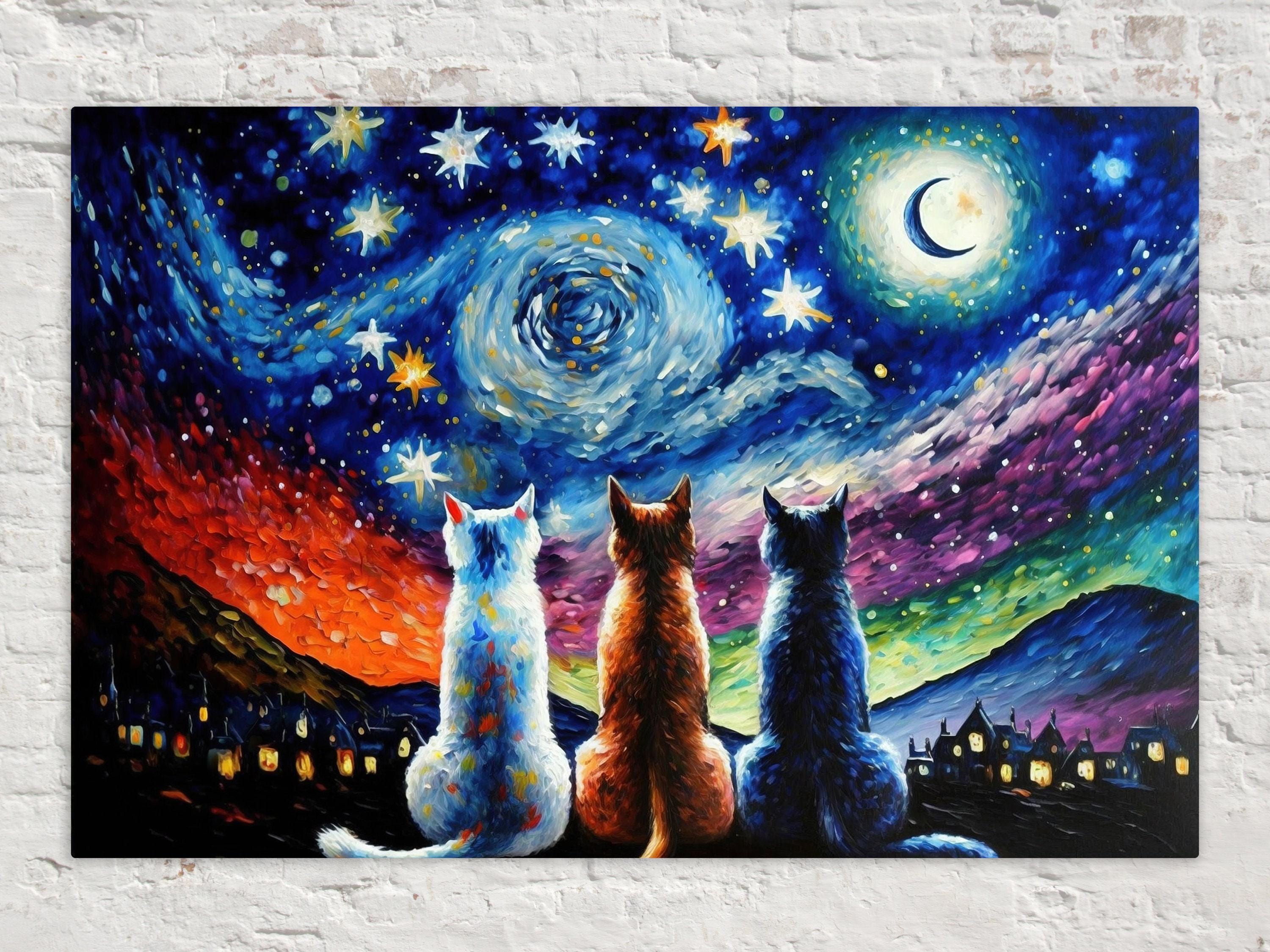 The image is a painting depicting three cats sitting on a hill, looking up at a starry night sky with a crescent moon.