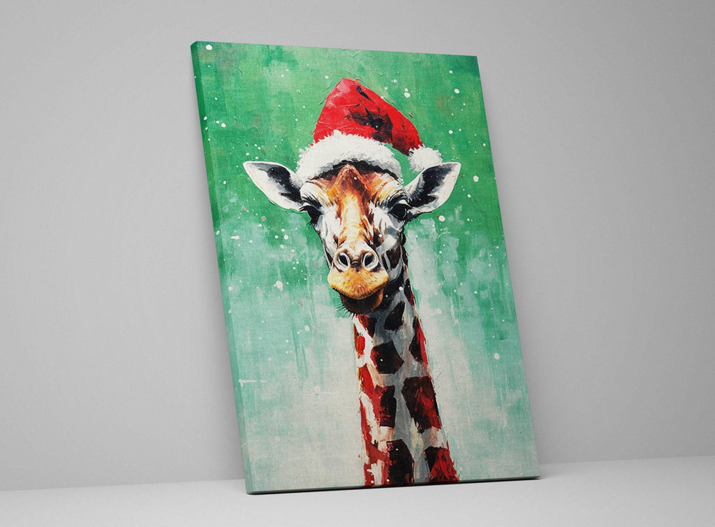 Holiday Giraffe Painting – Christmas Wall Art | Large Santa Hat Canvas Print