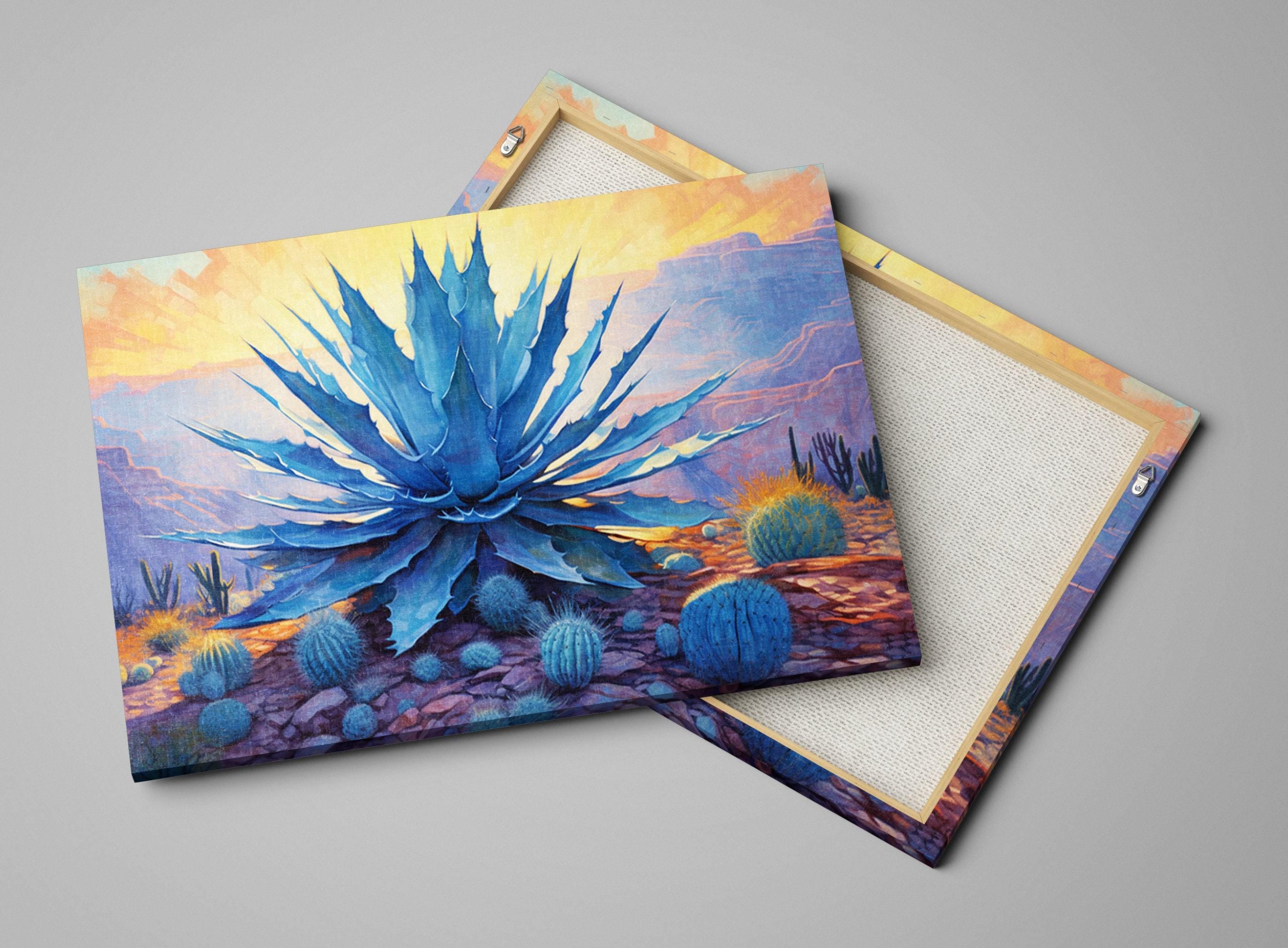 Desert Canvas Art – Southwest Agave Art with Blue Agave Painting & Barrel Cactus Print