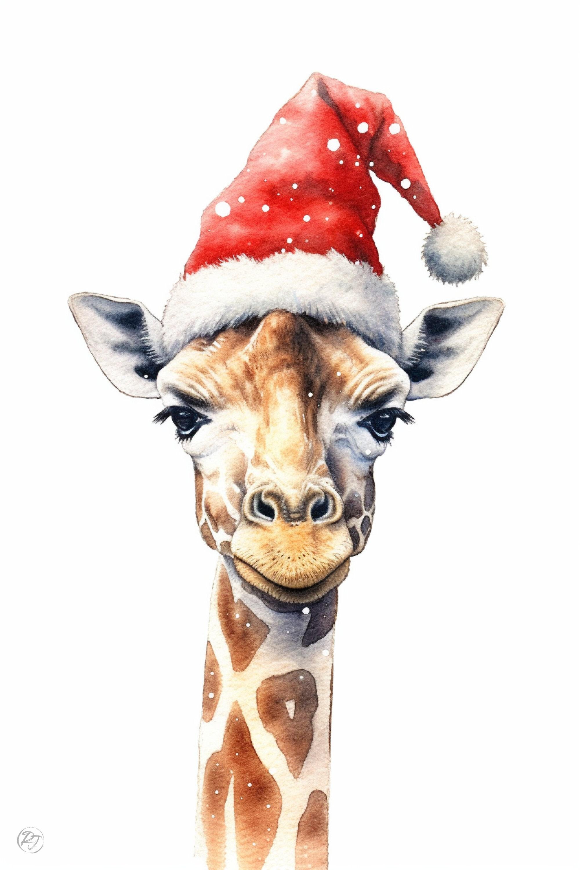 Festive Giraffe in Santa Hat Watercolor Art Print, Giclee Print on Canvas, Artist Paper, Watercolor Paper, Available in Extra Large Sizes