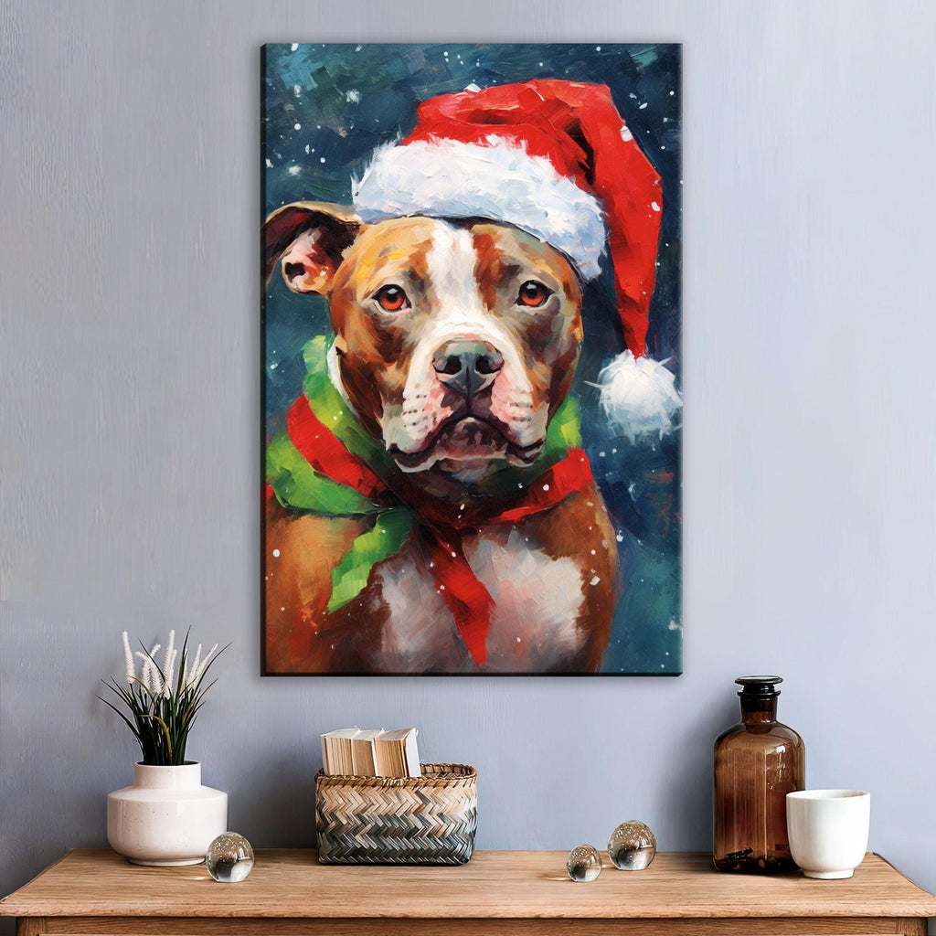 Christmas Pitbull Painting | Santa Hat Dog Art, Giclee Artist Print, Holiday Pet Artwork Canvas