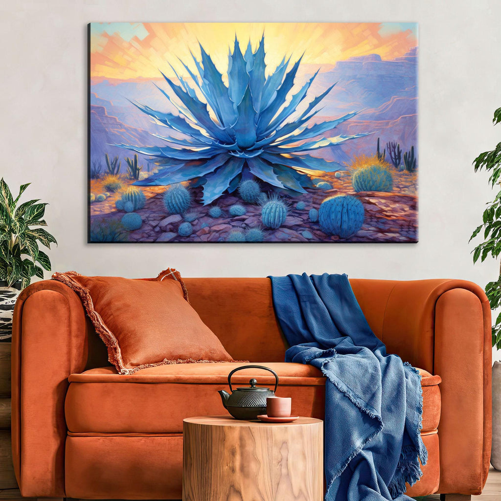 Desert Canvas Art – Southwest Agave Art with Blue Agave Painting & Barrel Cactus Print