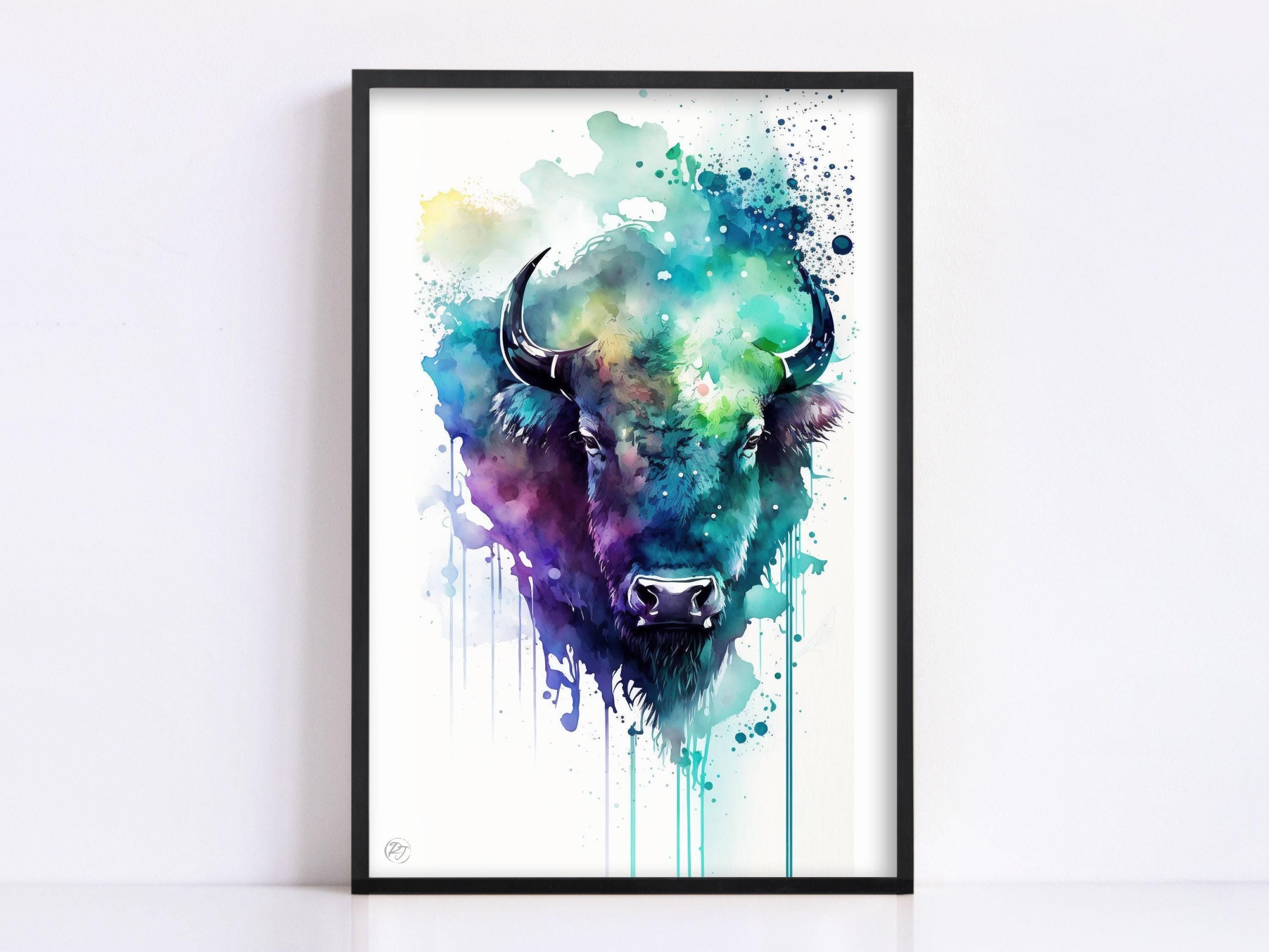 American Bison Portrait: Watercolor Wall Decor Print, Giclee Print on Canvas, Artist Paper, Watercolor Paper, Available in Extra Large Sizes