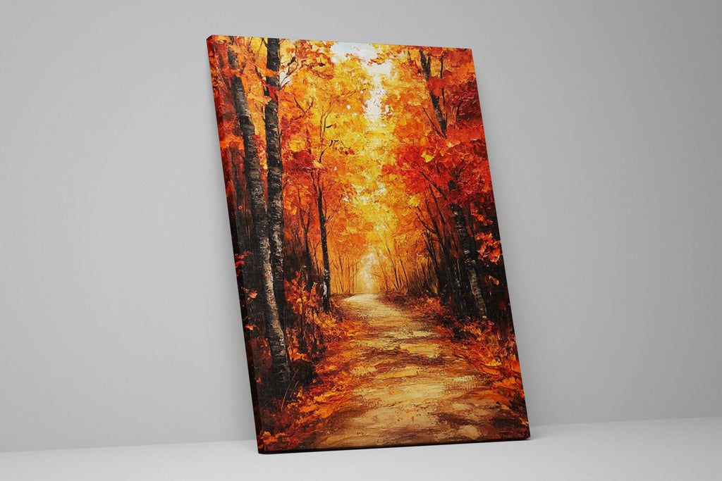 a scenic autumn forest path with vibrant orange and red foliage lining the trail.