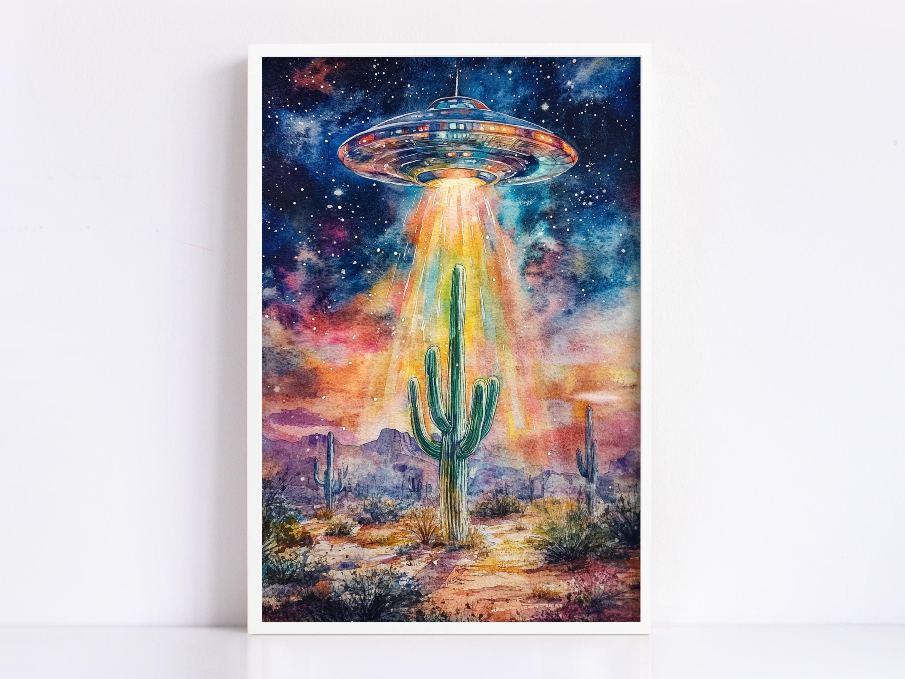 a desert landscape with a cactus in the foreground, and a large, colorful alien spacecraft hovering above it, emitting a bright light.