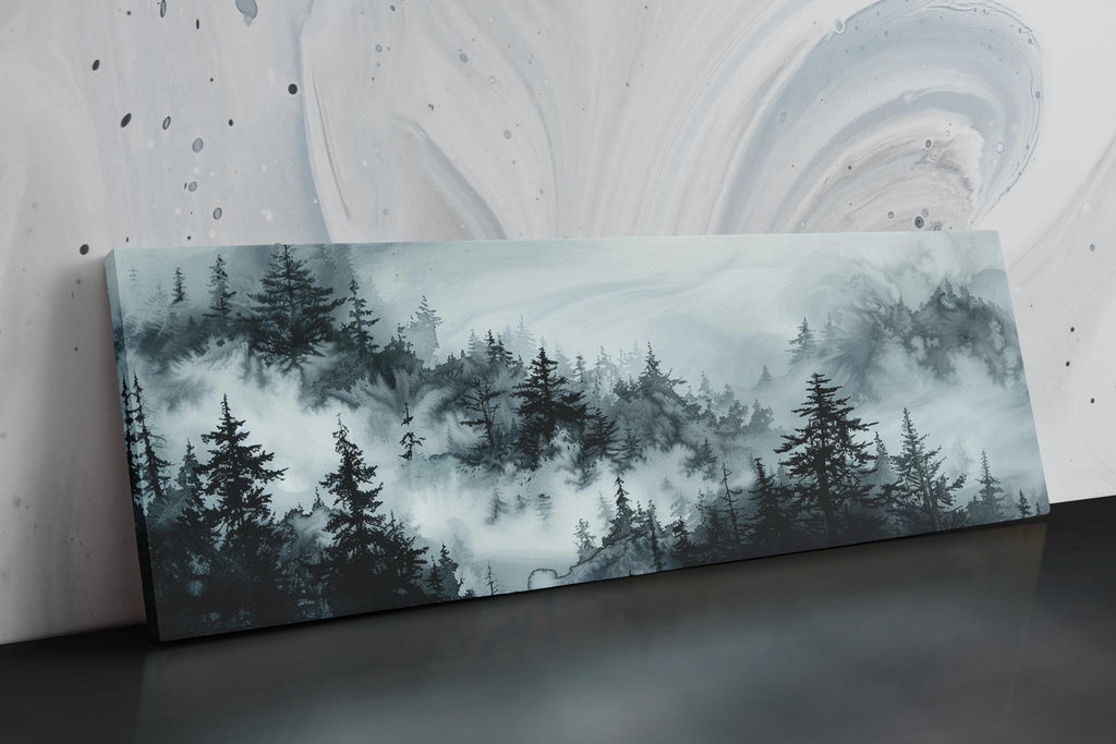 a painting of a foggy forest with pine trees