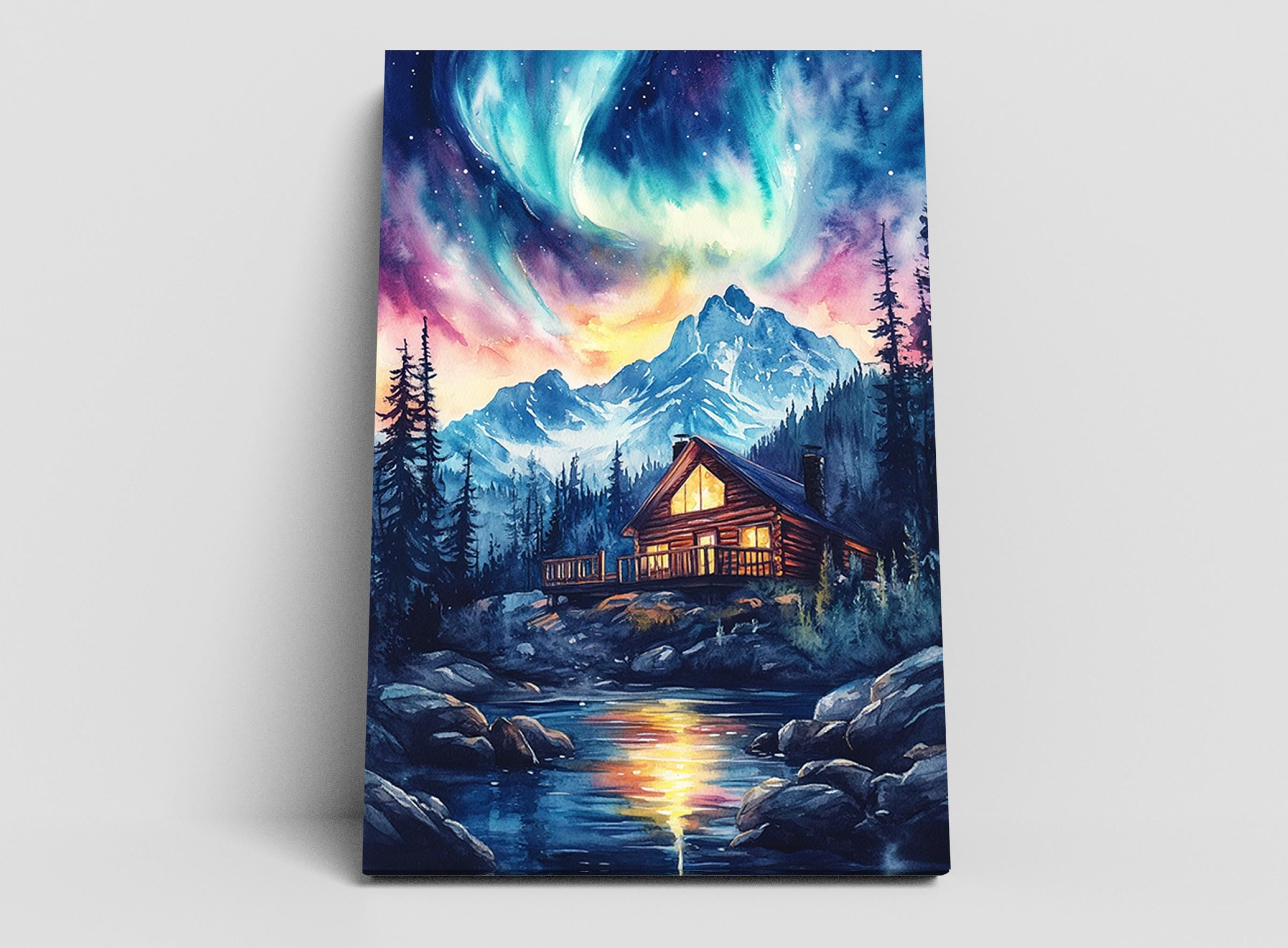 a serene mountain cabin nestled in a tranquil forest, with a stunning display of the northern lights illuminating the night sky above.