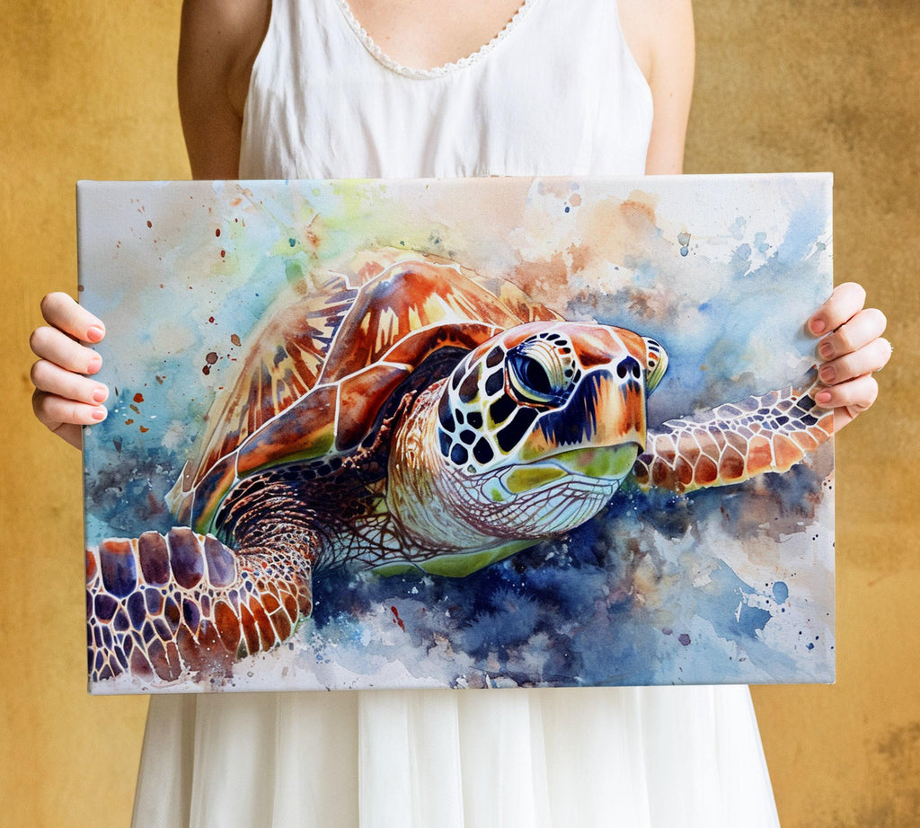 Playful Sea Turtle Watercolor Wall Art, Giclee Print on Canvas, Artist Paper, Watercolor Paper, Available in Extra Large Sizes
