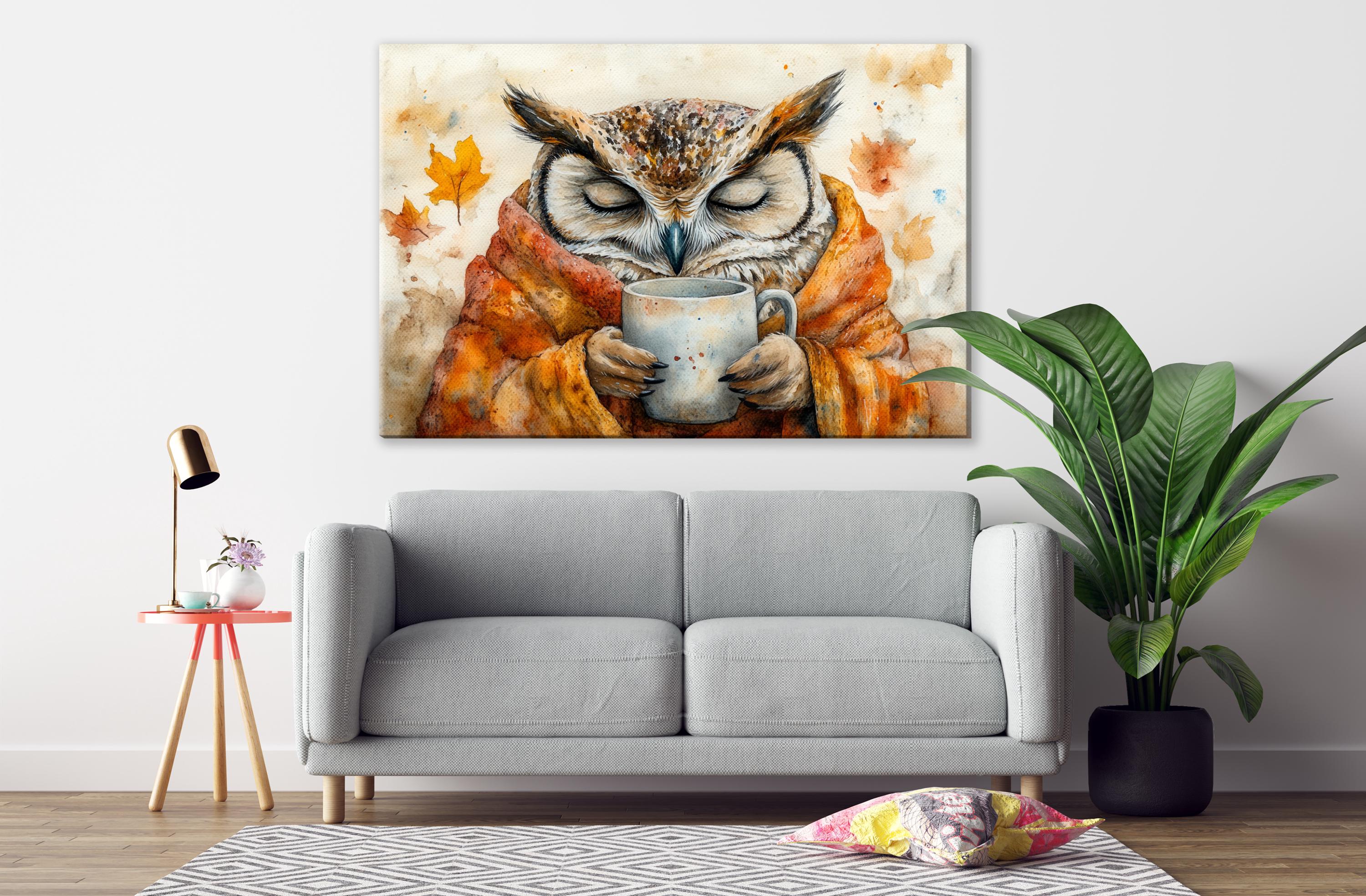 a cozy living room with a gray sofa, a potted plant, and a painting of an owl holding a cup of coffee hanging on the wall above the sofa.