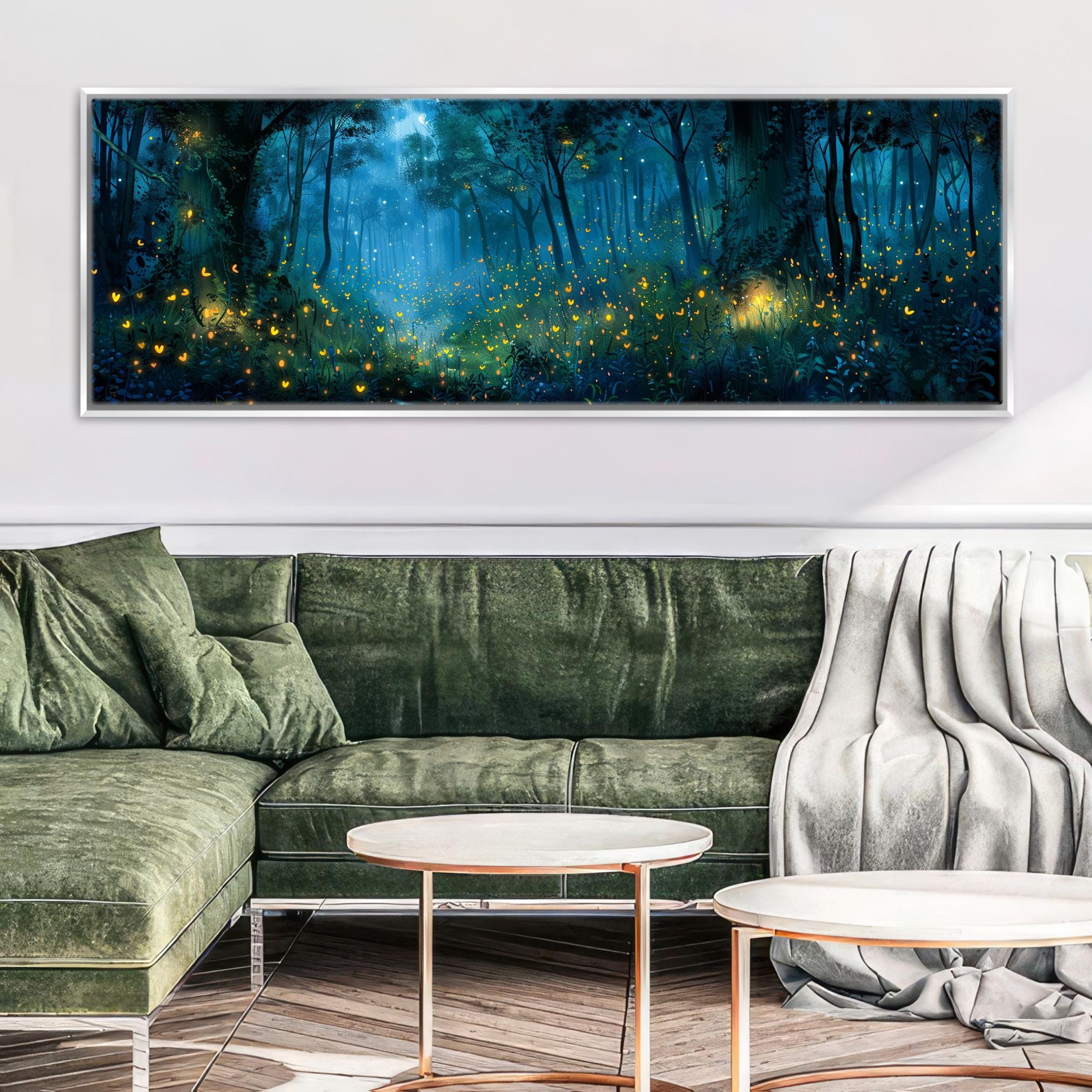 a living room with a green couch and a painting on the wall