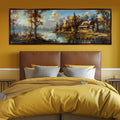 a bedroom with a painting on the wall above the bed