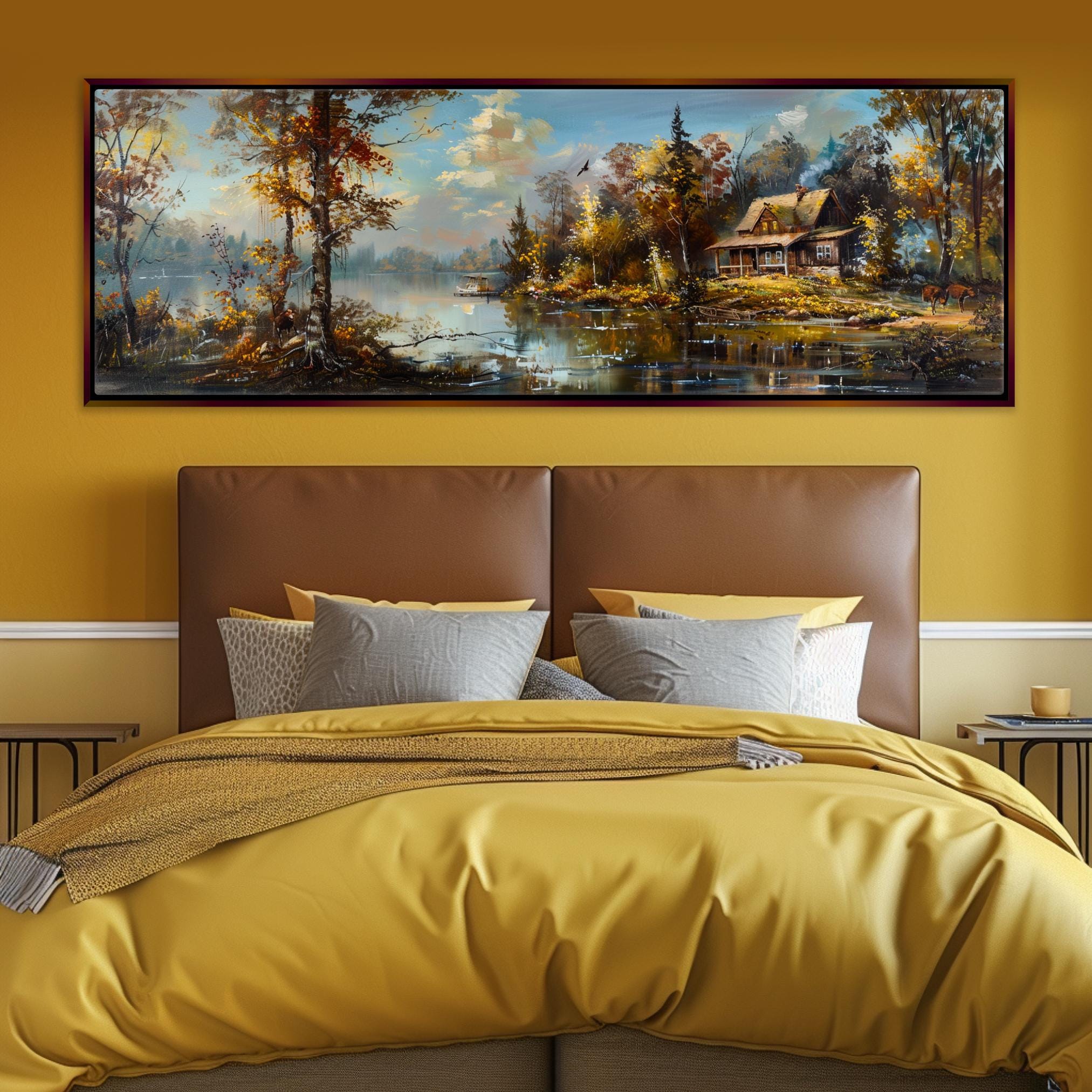 a bedroom with a painting on the wall above the bed