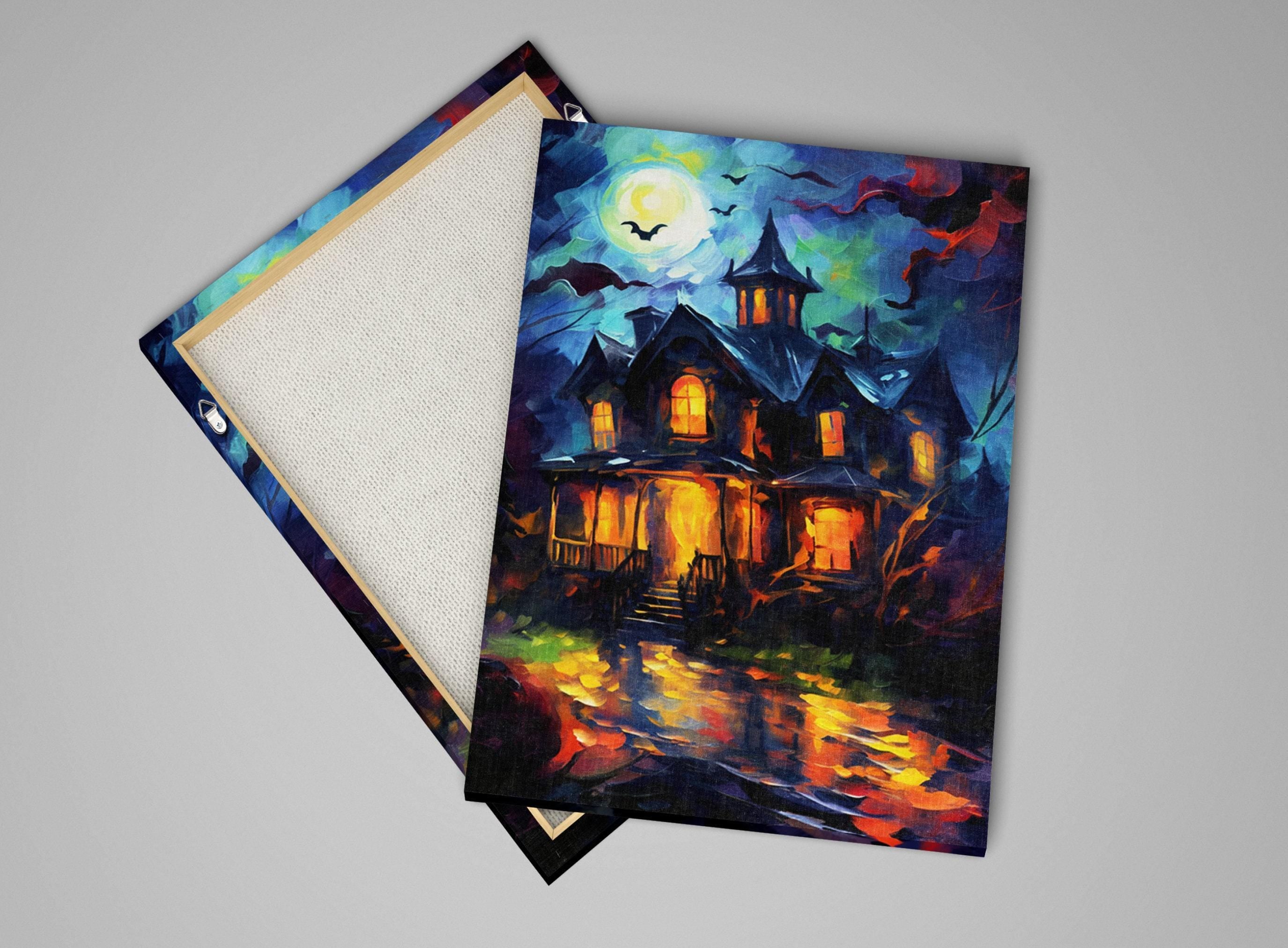 Halloween Haunted House Art – Large Canvas Wall Art | Spooky Home Decor, Gallery Wrapped