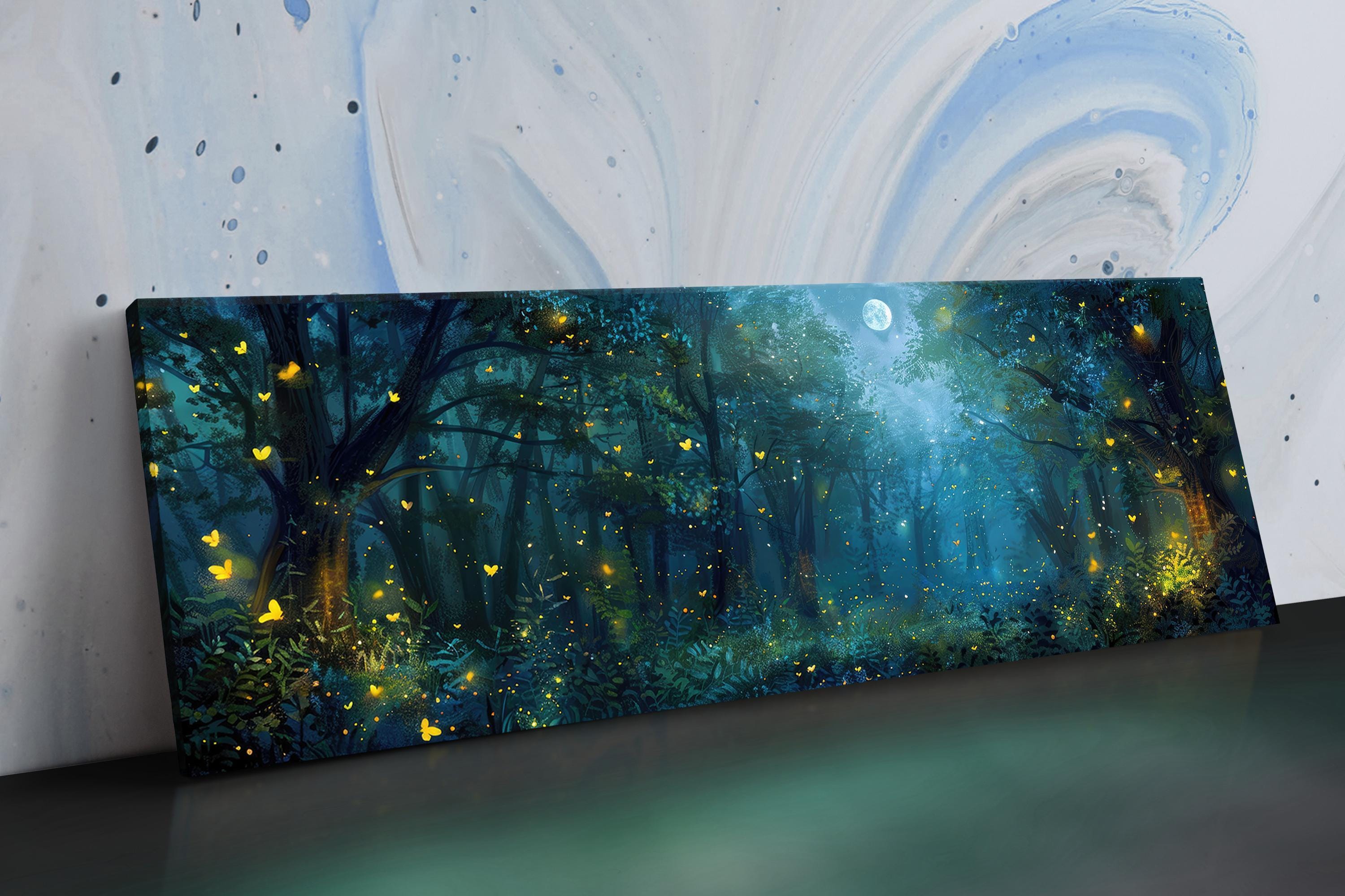The image is a painting depicting a mystical forest scene with glowing trees, a full moon, and a sense of wonder and magic.