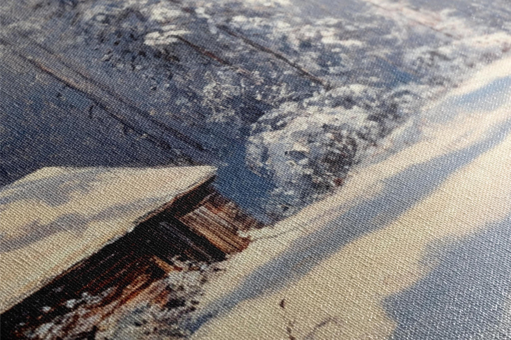 a painting of a house in the snow
