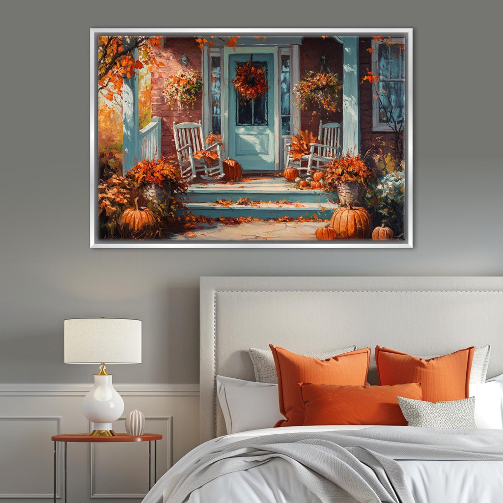 a cozy autumn scene with a porch, rocking chairs, and pumpkins, creating a warm and inviting atmosphere.