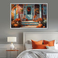 a cozy autumn scene with a porch, rocking chairs, and pumpkins, creating a warm and inviting atmosphere.