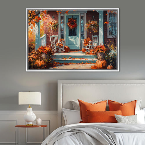 a cozy autumn scene with a porch, rocking chairs, and pumpkins, creating a warm and inviting atmosphere.