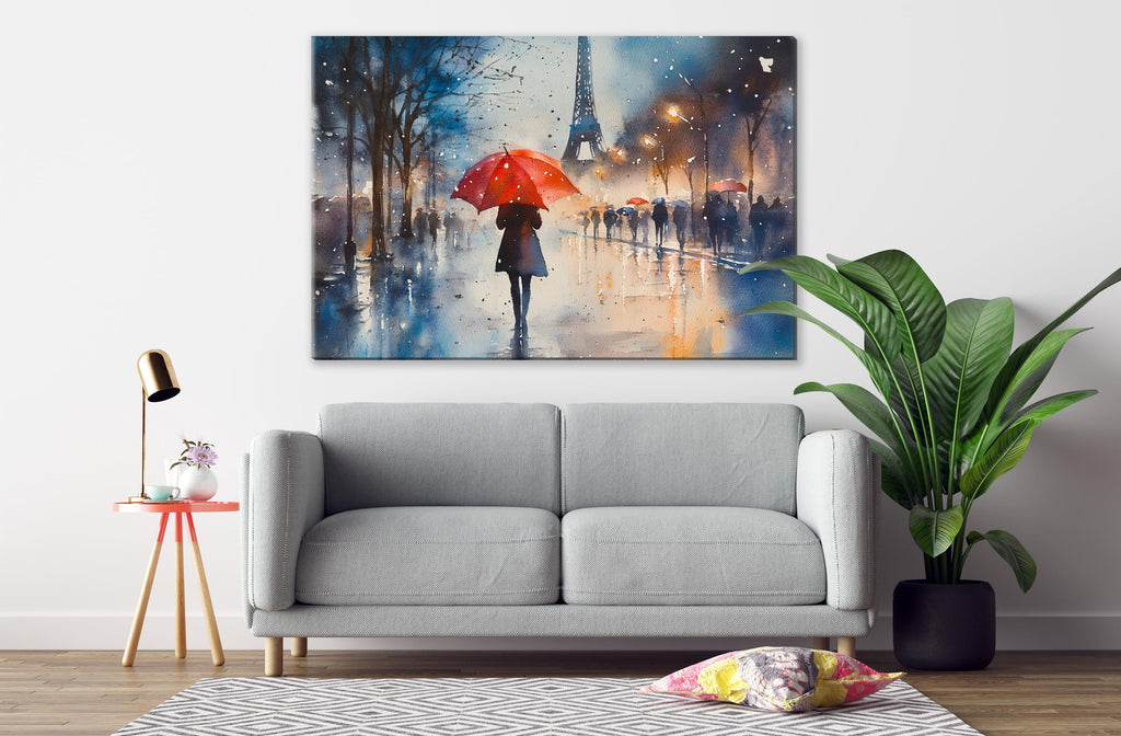 a rainy day scene with a person walking under an umbrella, surrounded by other people and umbrellas, with the Eiffel Tower in the background.