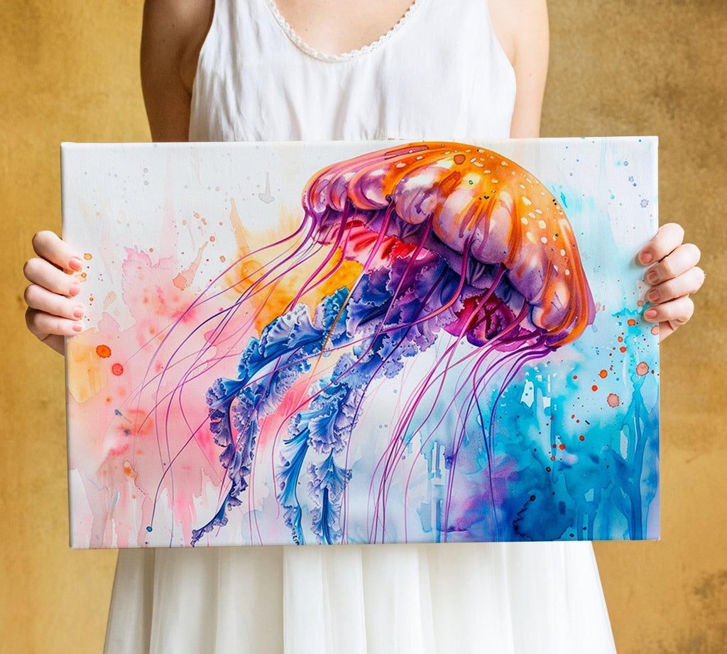 Vibrant Floating Jellyfish Watercolor, Coastal Art, Giclee Print on Canvas, Artist Paper, Watercolor Paper, Available in Extra Large Sizes
