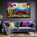 a living room with a couch and a painting on the wall