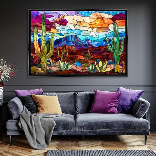a living room with a couch and a painting on the wall